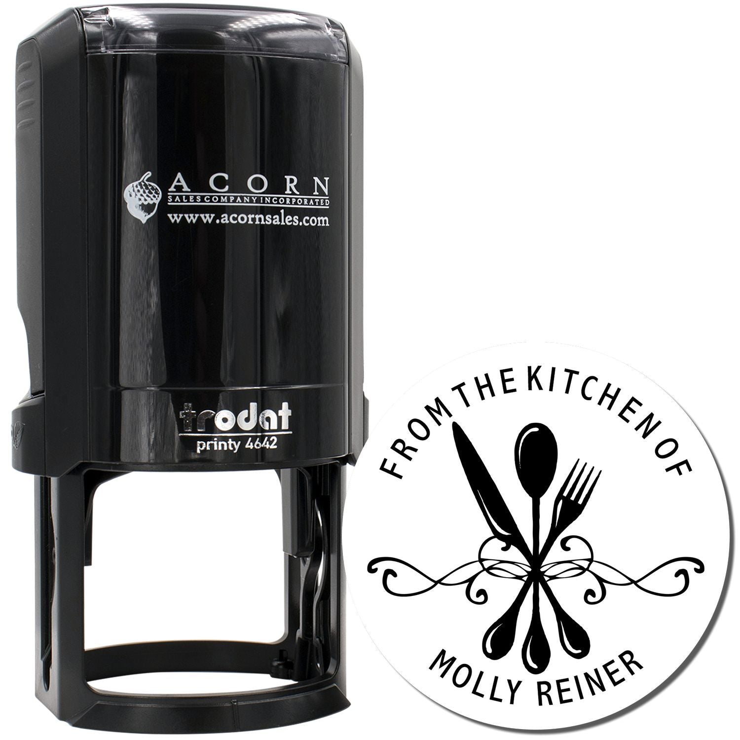 Trodat self-inking rubber stamp with custom From the Kitchen of Molly Reiner logo for food packaging.