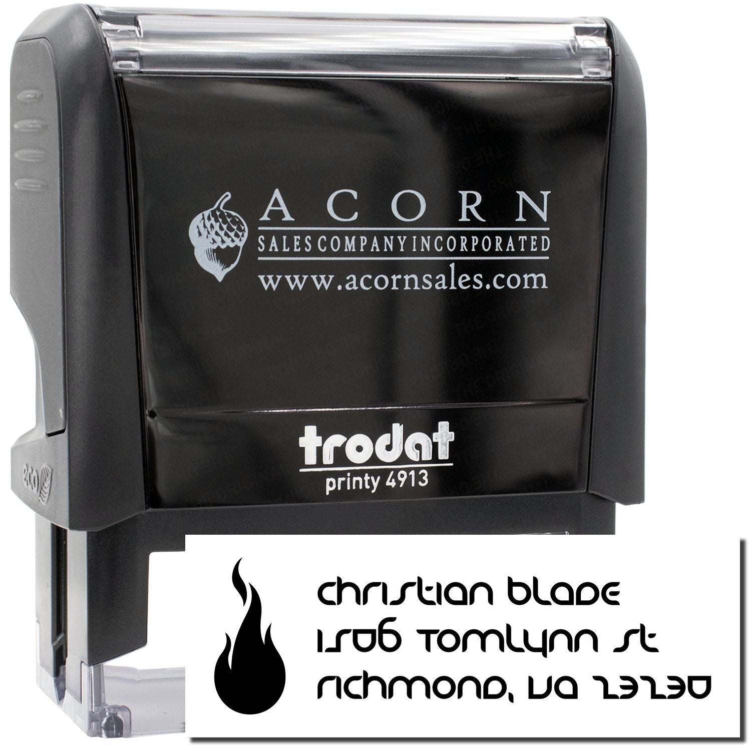 Custom self-inking rubber stamp with logo and address imprint for business branding.
