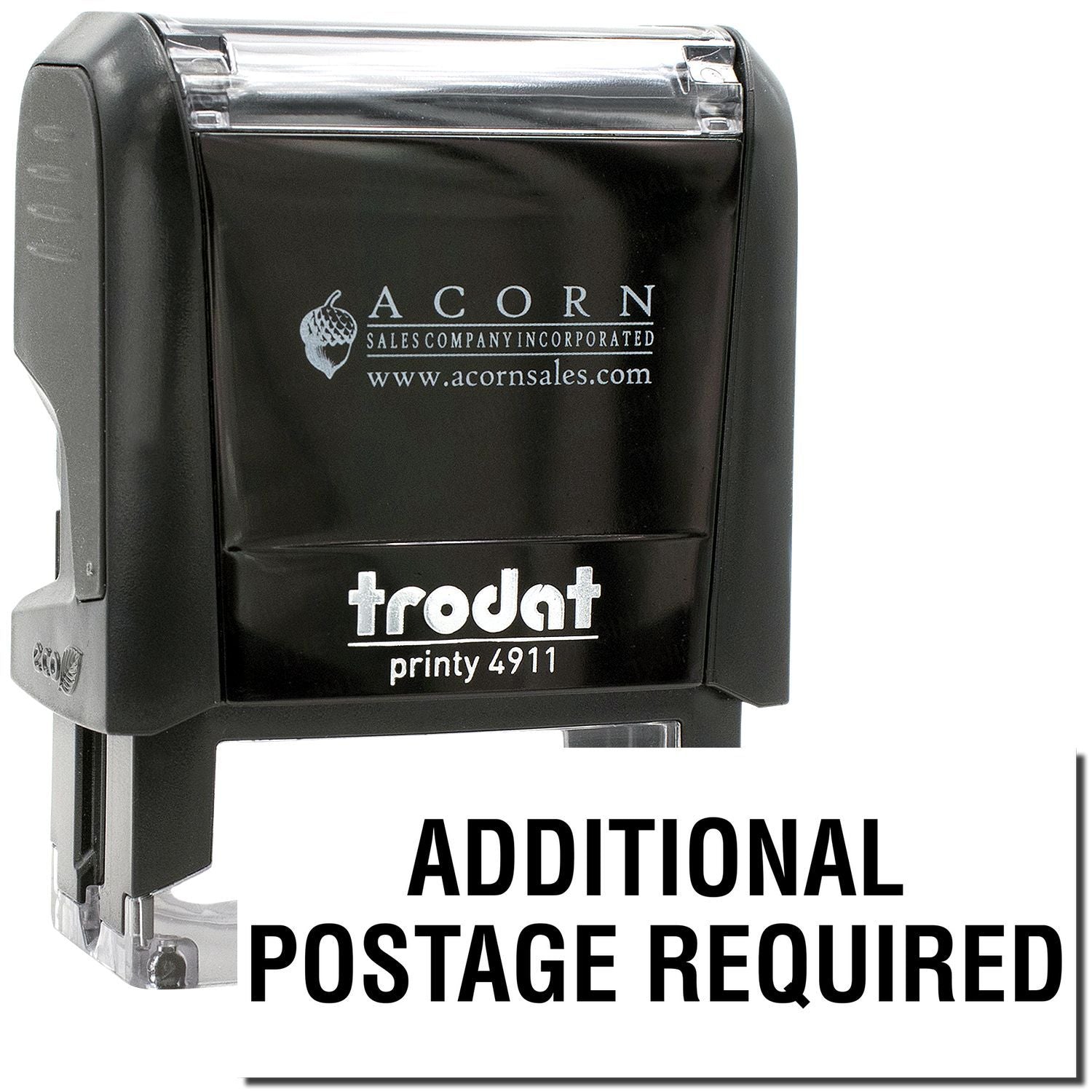 Trodat Printy 4911 self-inking postage stamp with Additional Postage Required text, black Acorn Sales office stamp.