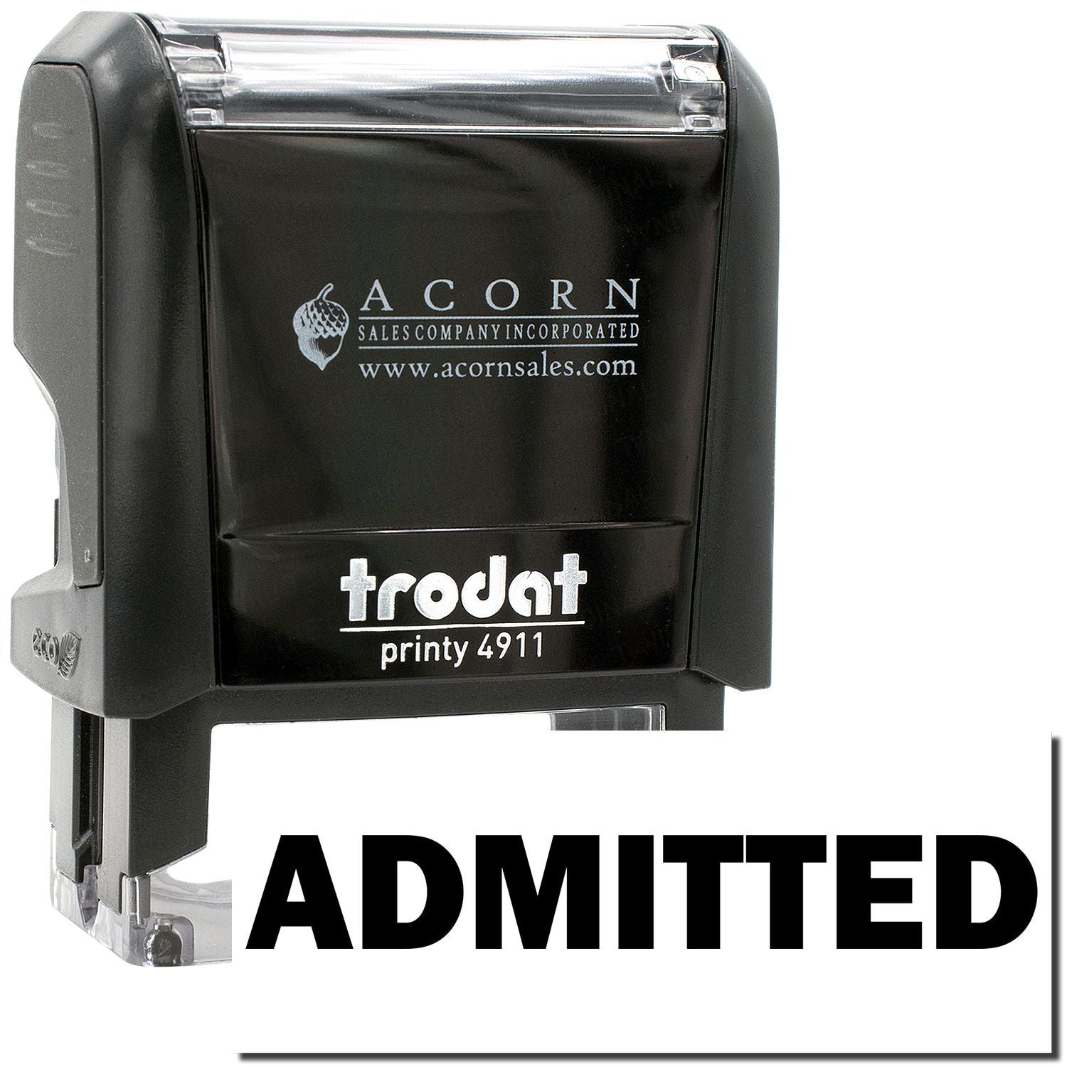 Trodat Printy 4911 self-inking ADMITTED stamp with Acorn Sales branding, black office rubber stamp for business use