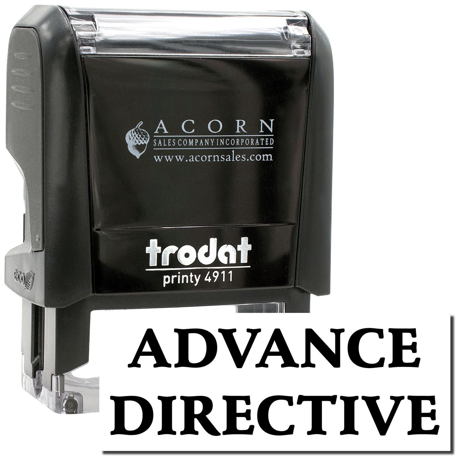 Black Trodat Printy 4911 Advance Directive stamp, self-inking office stamp for medical forms and legal documents.