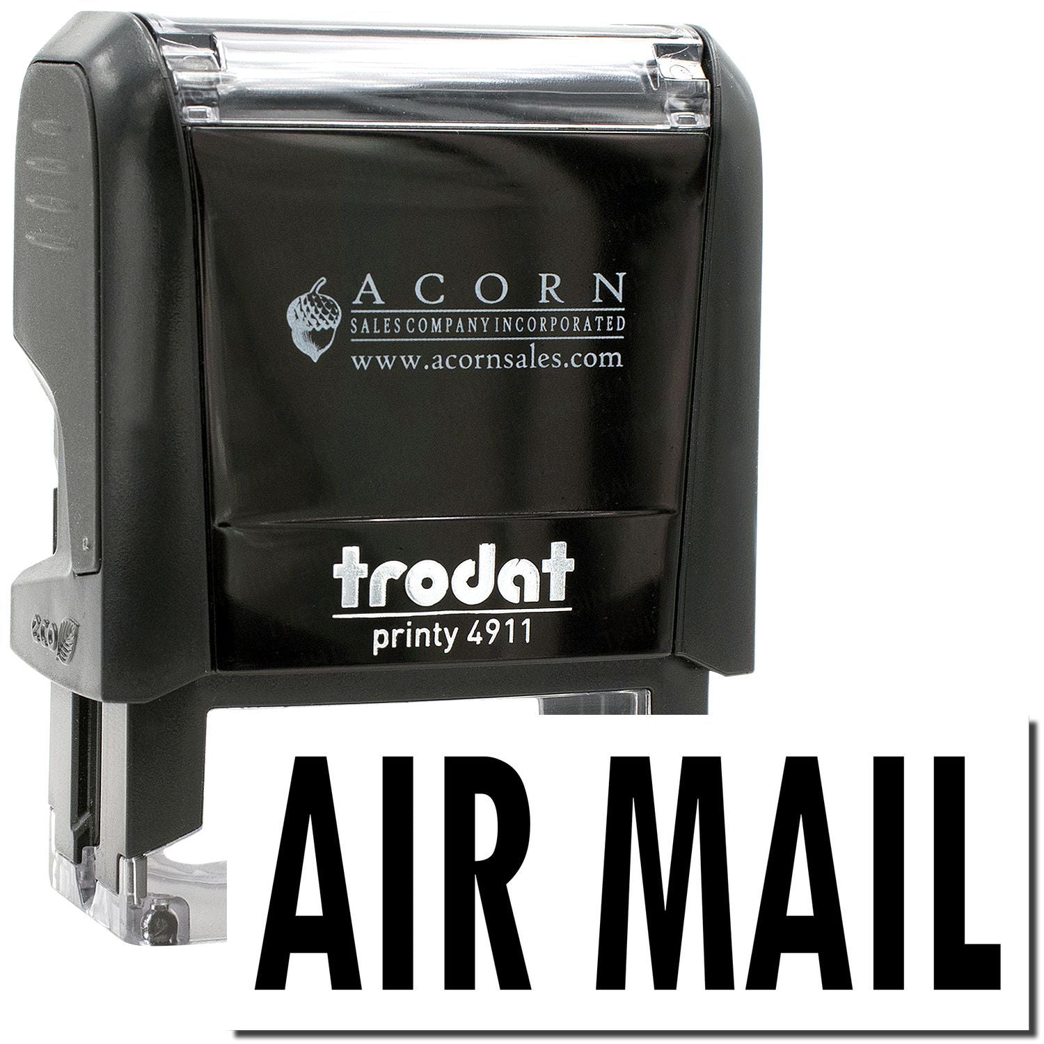 Trodat Printy 4911 air mail self-inking stamp with black Acorn Sales Company housing and clear cap.