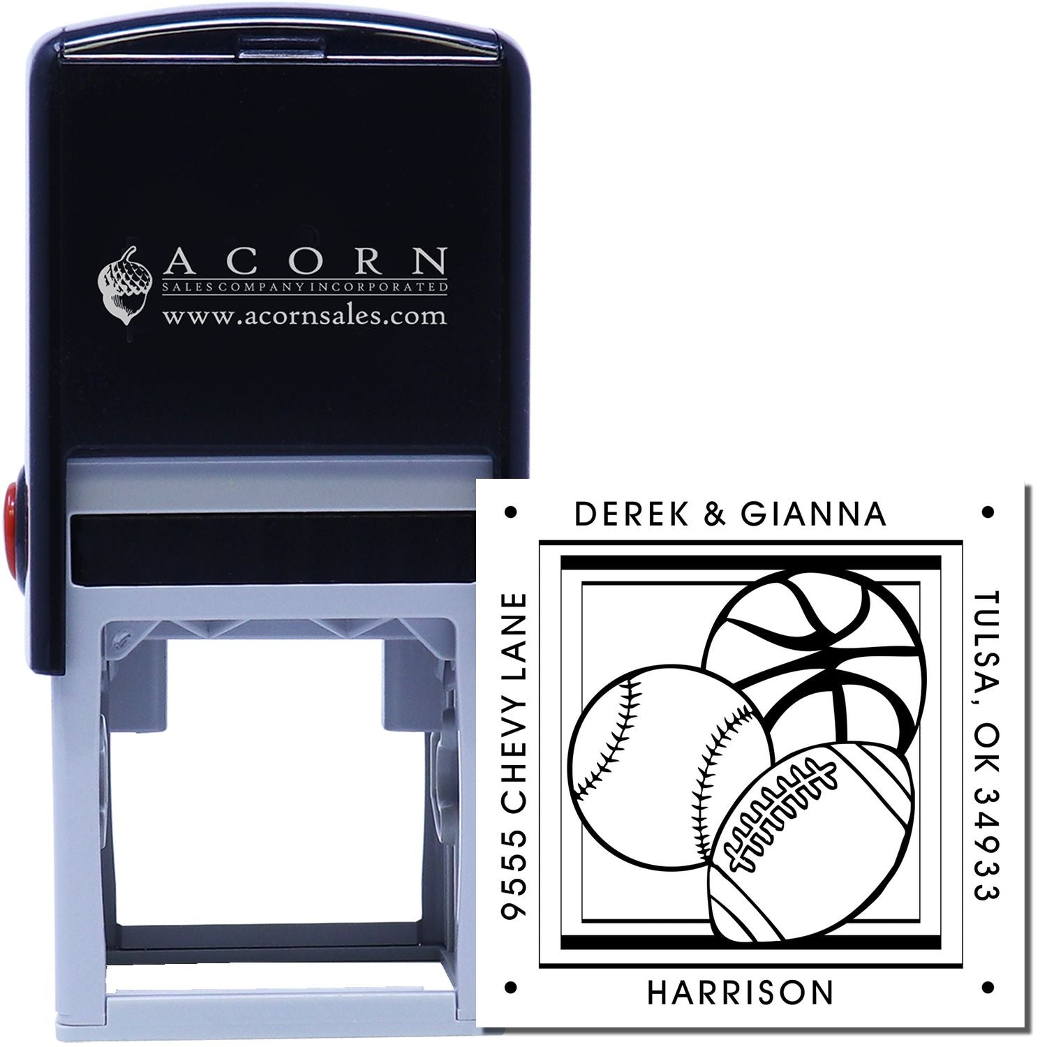 Custom self-inking rubber stamp with sports ball design for personalized return address, featuring Derek & Gianna in Tulsa, OK.