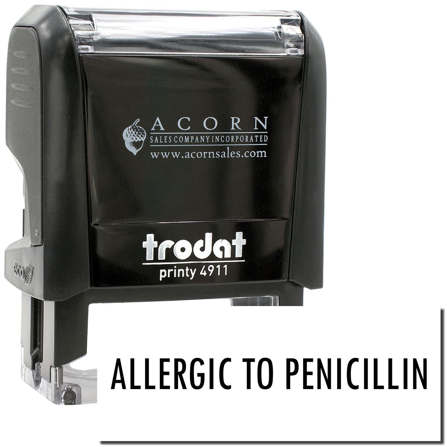 Black Trodat Printy 4911 self-inking stamp with Allergic to Penicillin message.