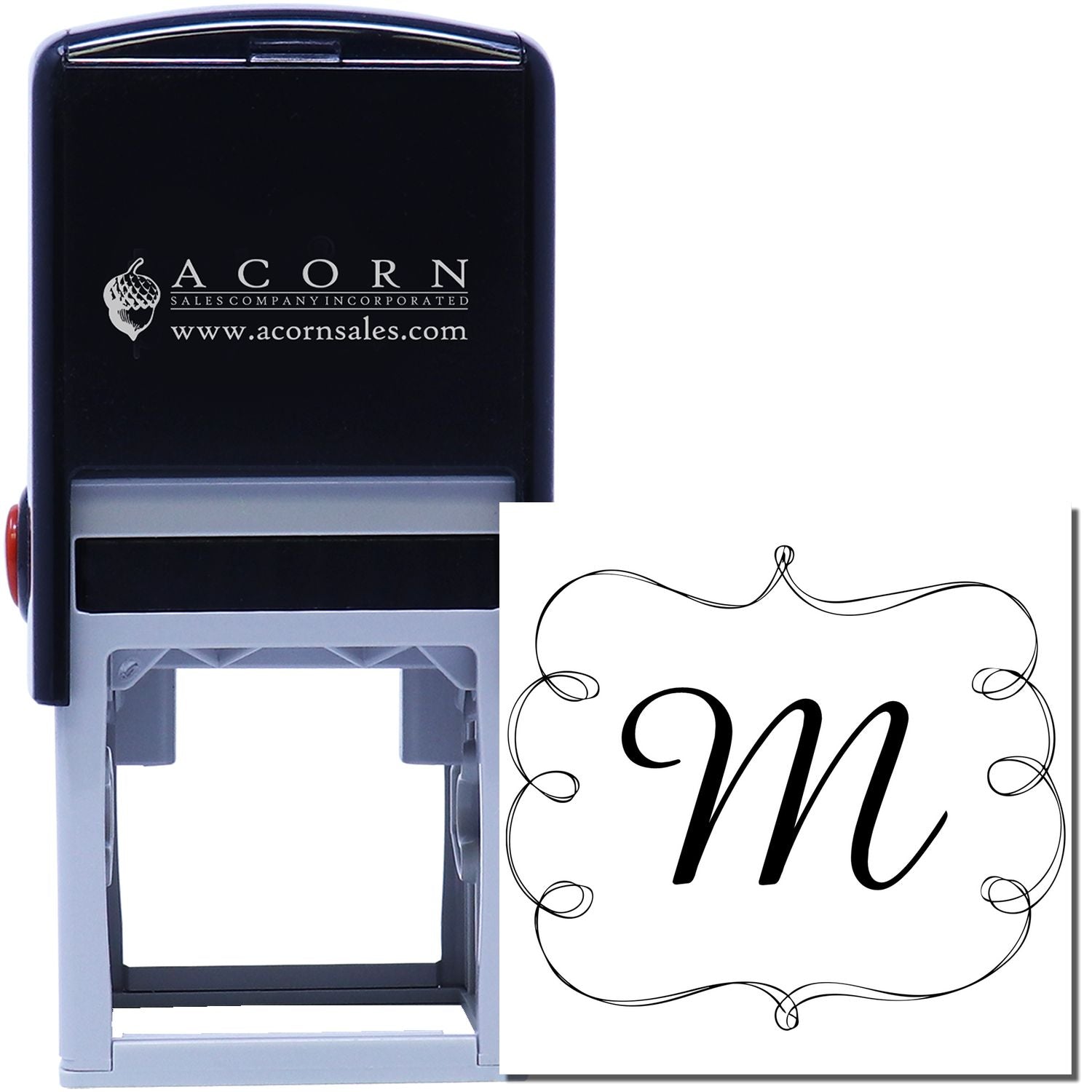 Custom self-inking rubber stamp with decorative monogram letter M