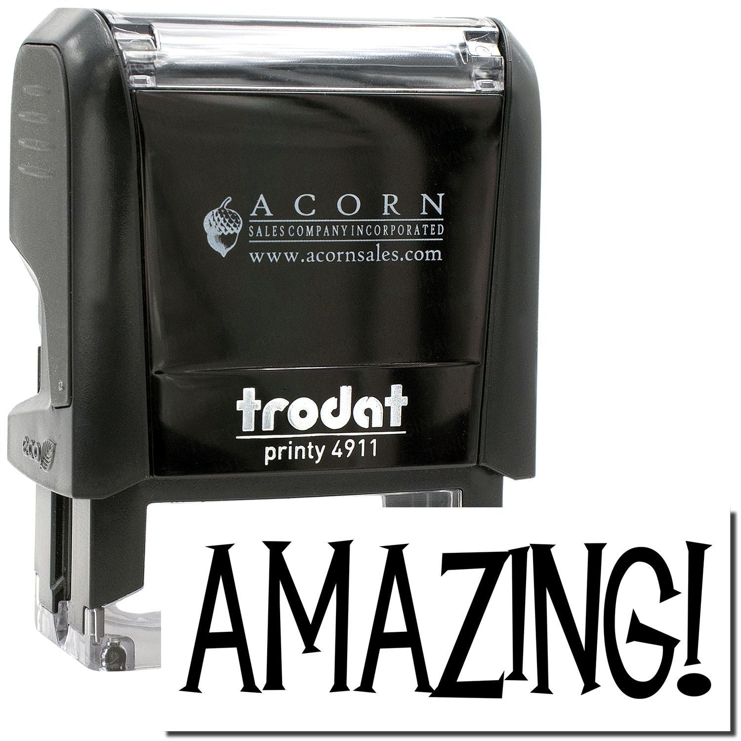 Black Trodat Printy 4911 self-inking stamp with Acorn Sales logo and AMAZING! custom imprint for office and business use