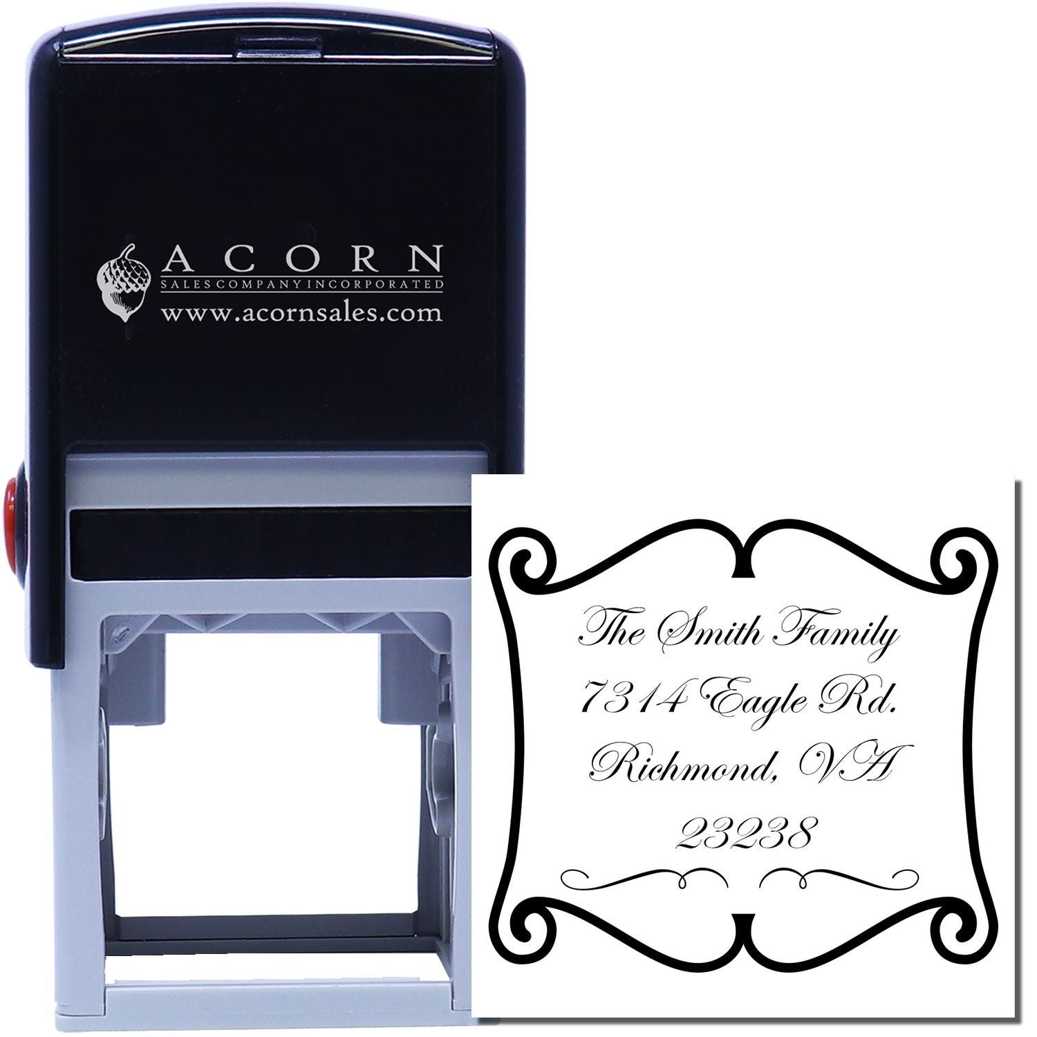 Custom self-inking rubber address stamp with ornate family return address design for mailing and correspondence