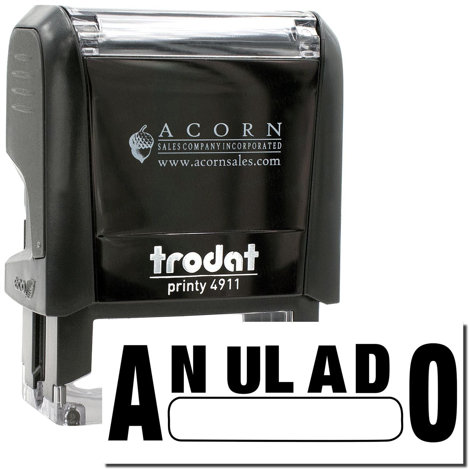 Black Trodat Printy 4911 self-inking stamp with Acorn Sales Company logo and custom text imprint on white background