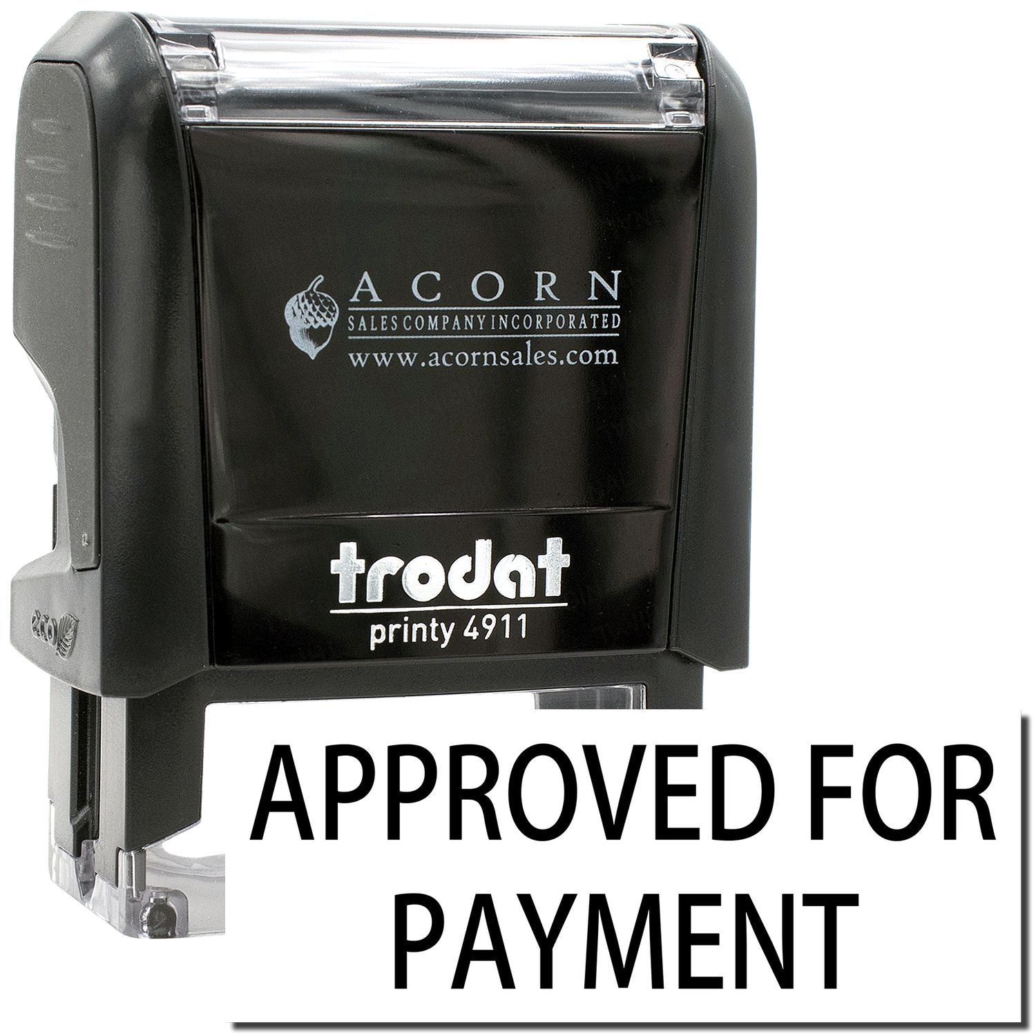 Trodat Printy 4911 approved for payment self-inking stamp with Acorn Sales branding, black office stamp for accounting and approvals