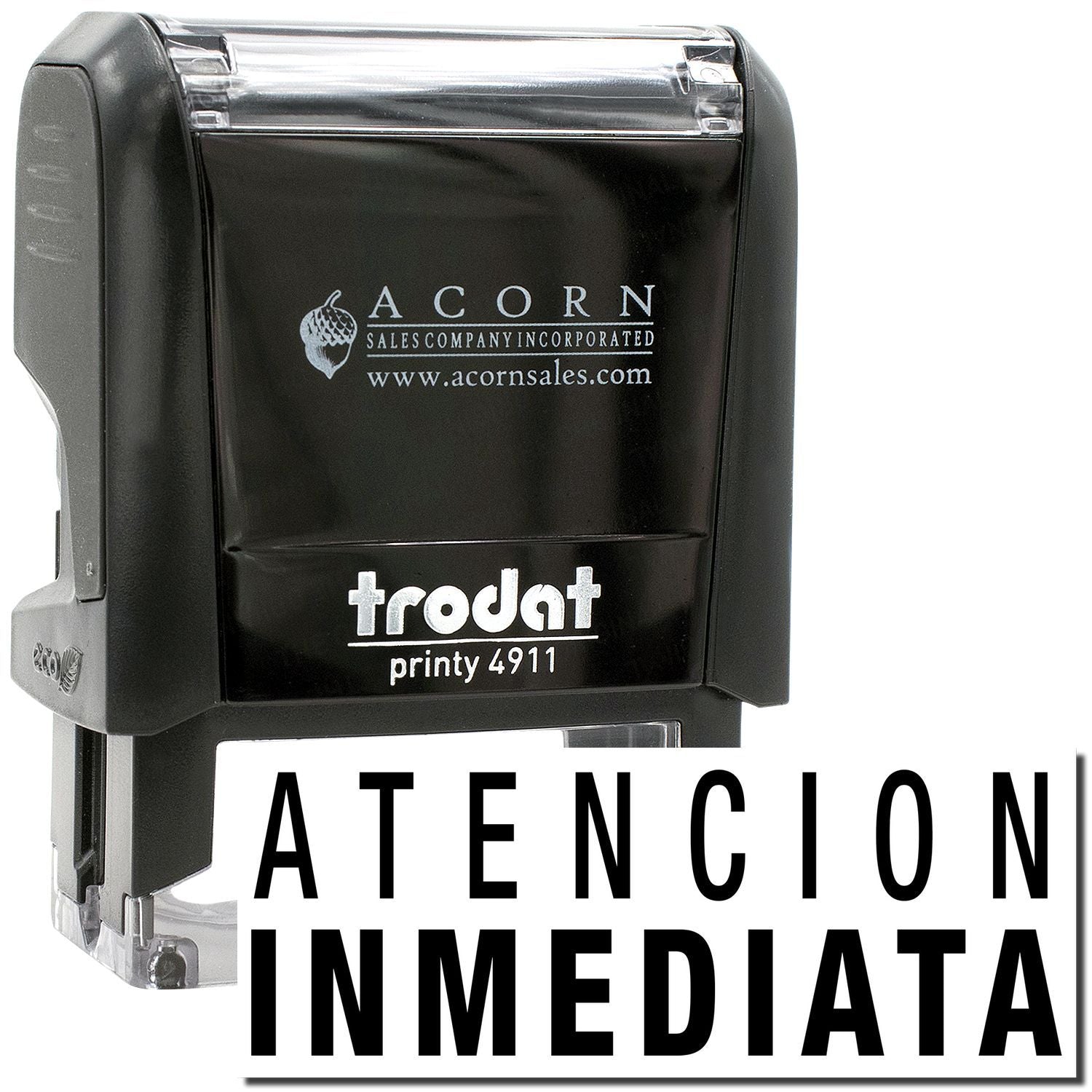 Trodat Printy 4911 self-inking stamp by Acorn Sales, black office rubber stamp with clear case.