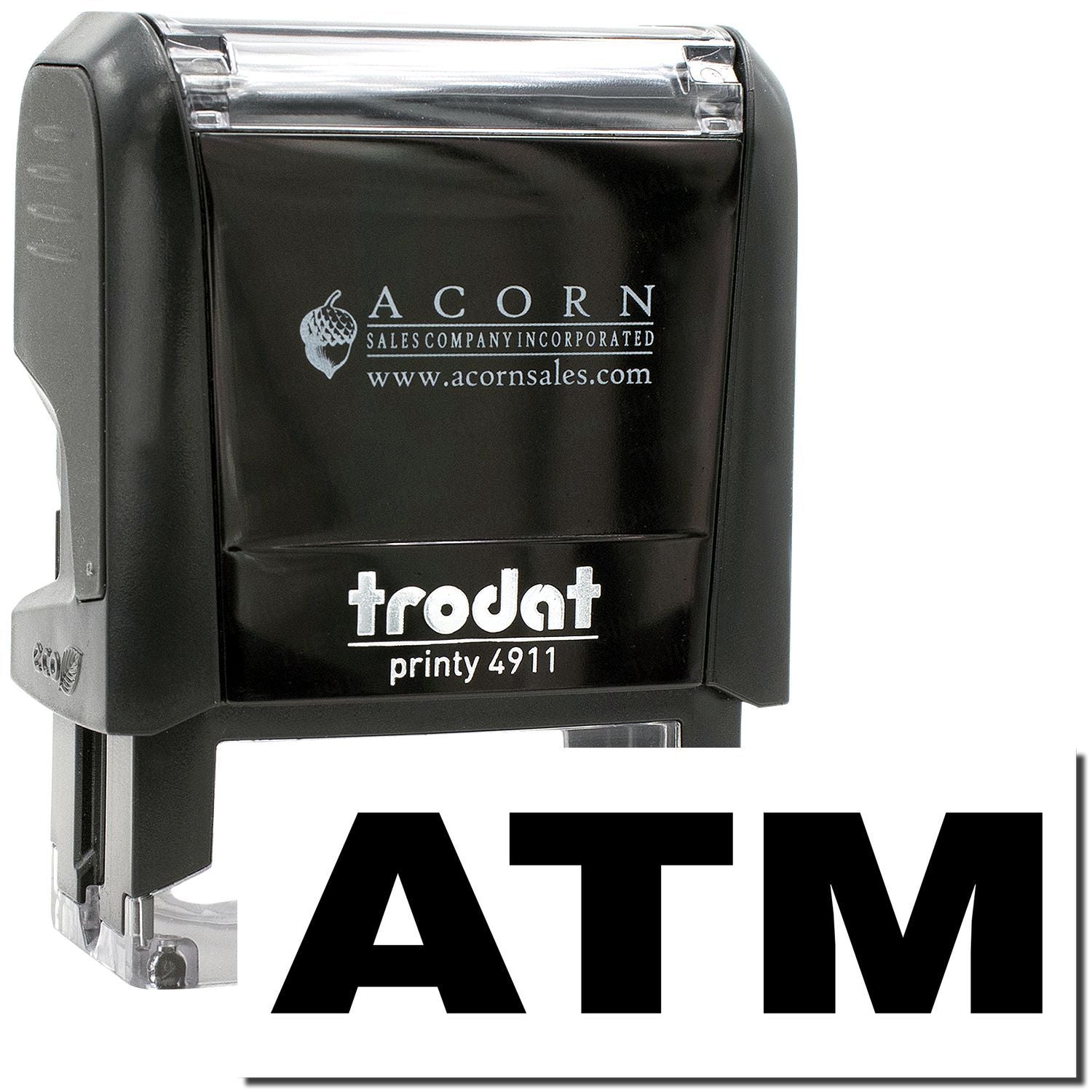 Trodat Printy 4911 self-inking ATM stamp with Acorn Sales branding on black body