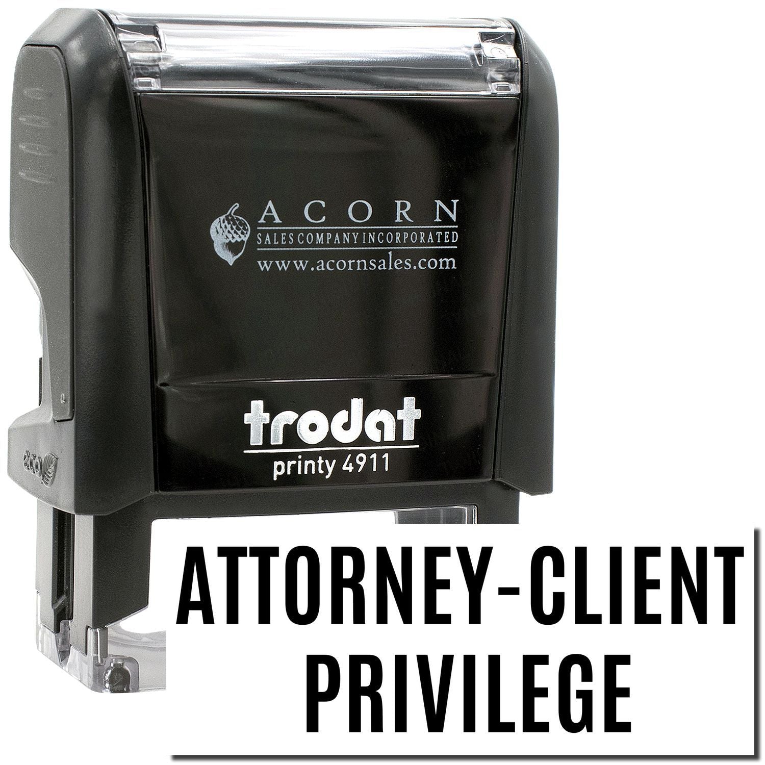 Black Trodat Printy 4911 self-inking stamp with Attorney-Client Privilege imprint for legal office documents.