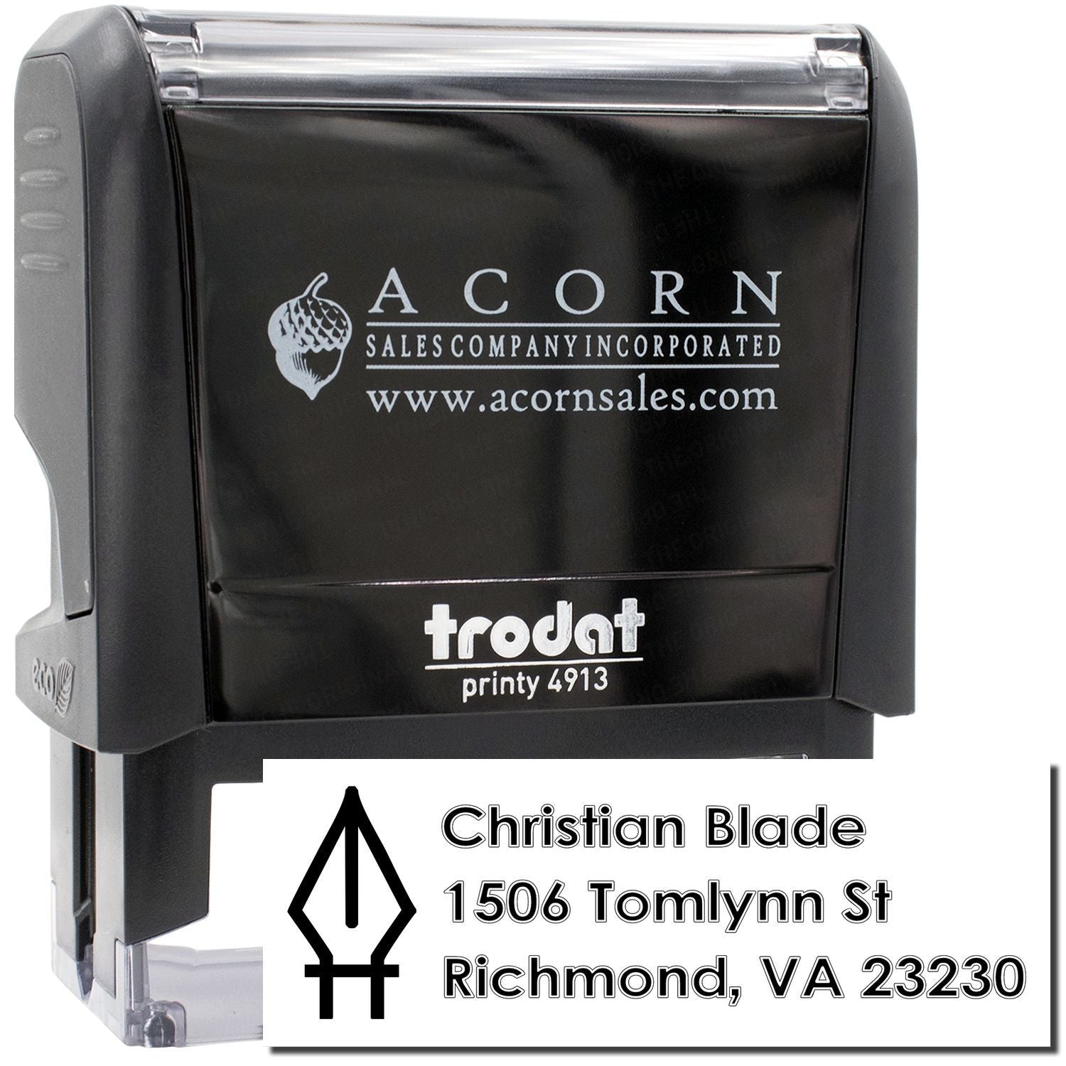 Custom self-inking rubber stamp with logo and return address, Trodat Printy 4913 address stamp.