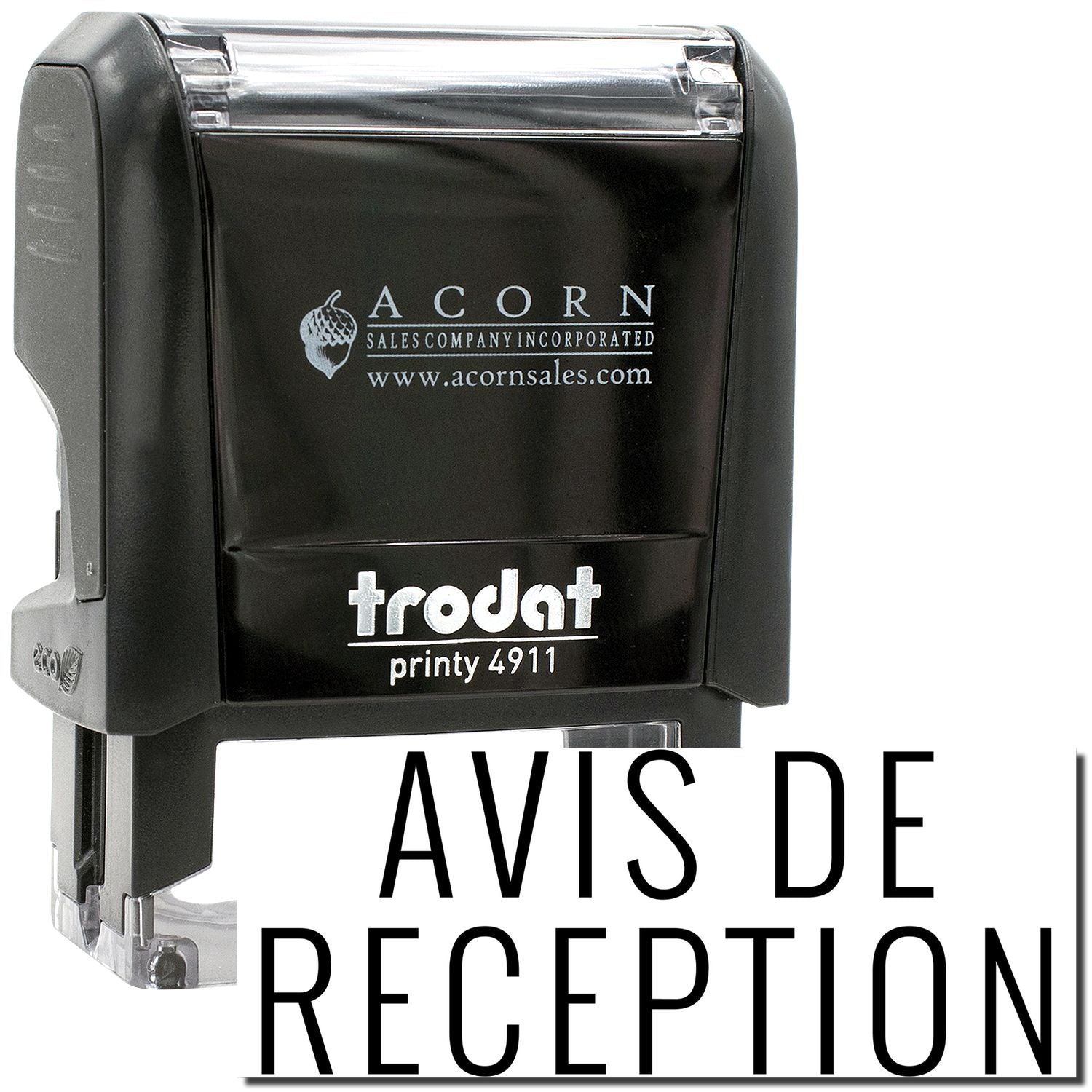 Trodat Printy 4911 Avis de Rception self-inking stamp by Acorn Sales Company on white background.