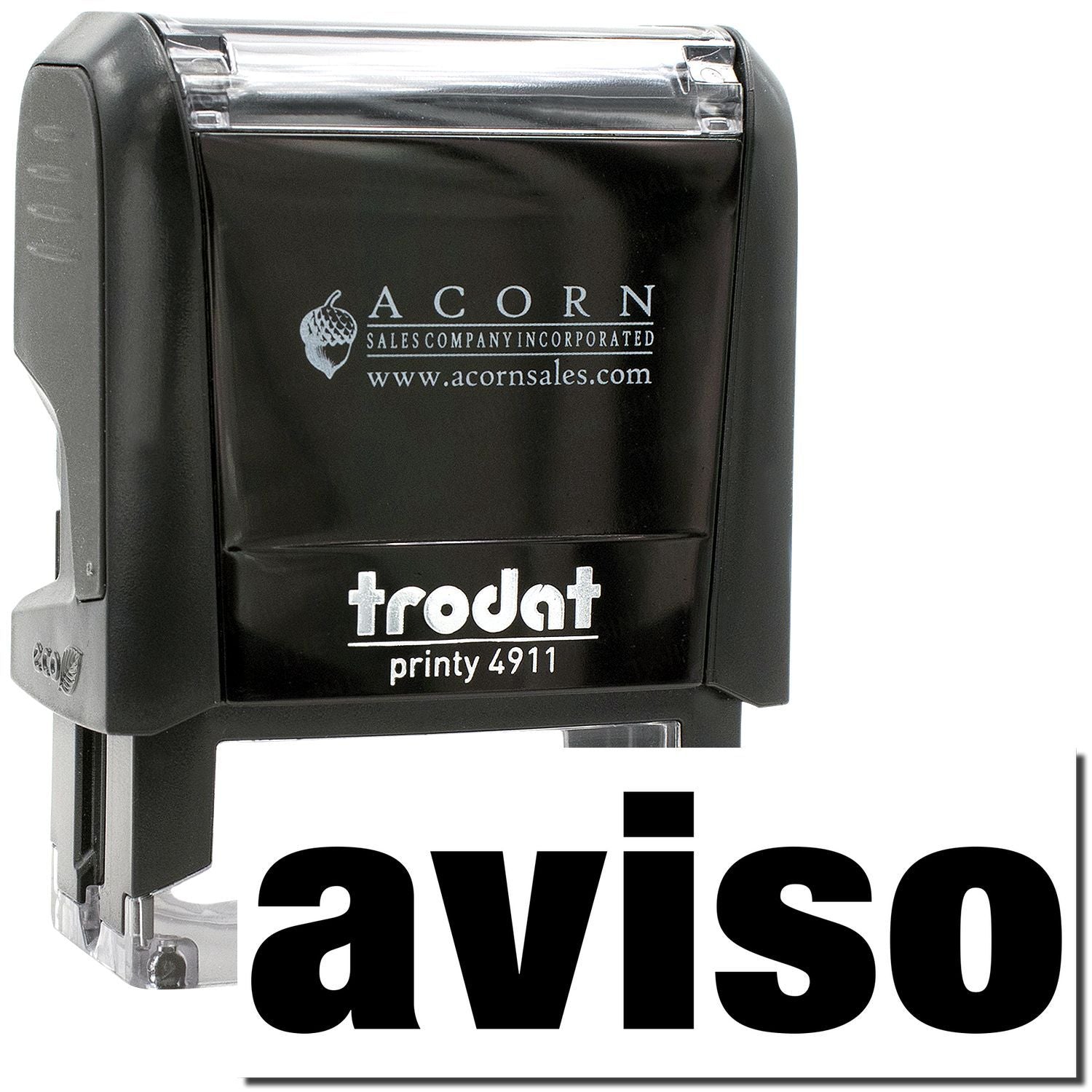 Trodat Printy 4911 black self-inking stamp with Acorn Sales logo on white background