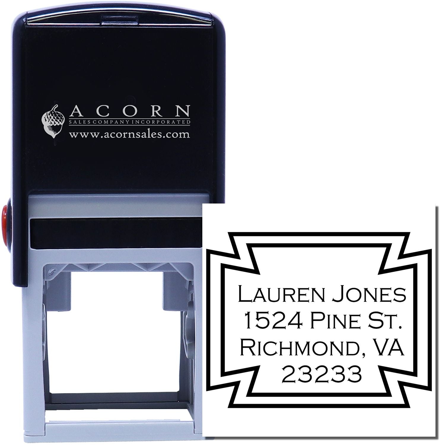Self-inking custom address rubber stamp with square border, ideal for personalized return addresses and business mailings.