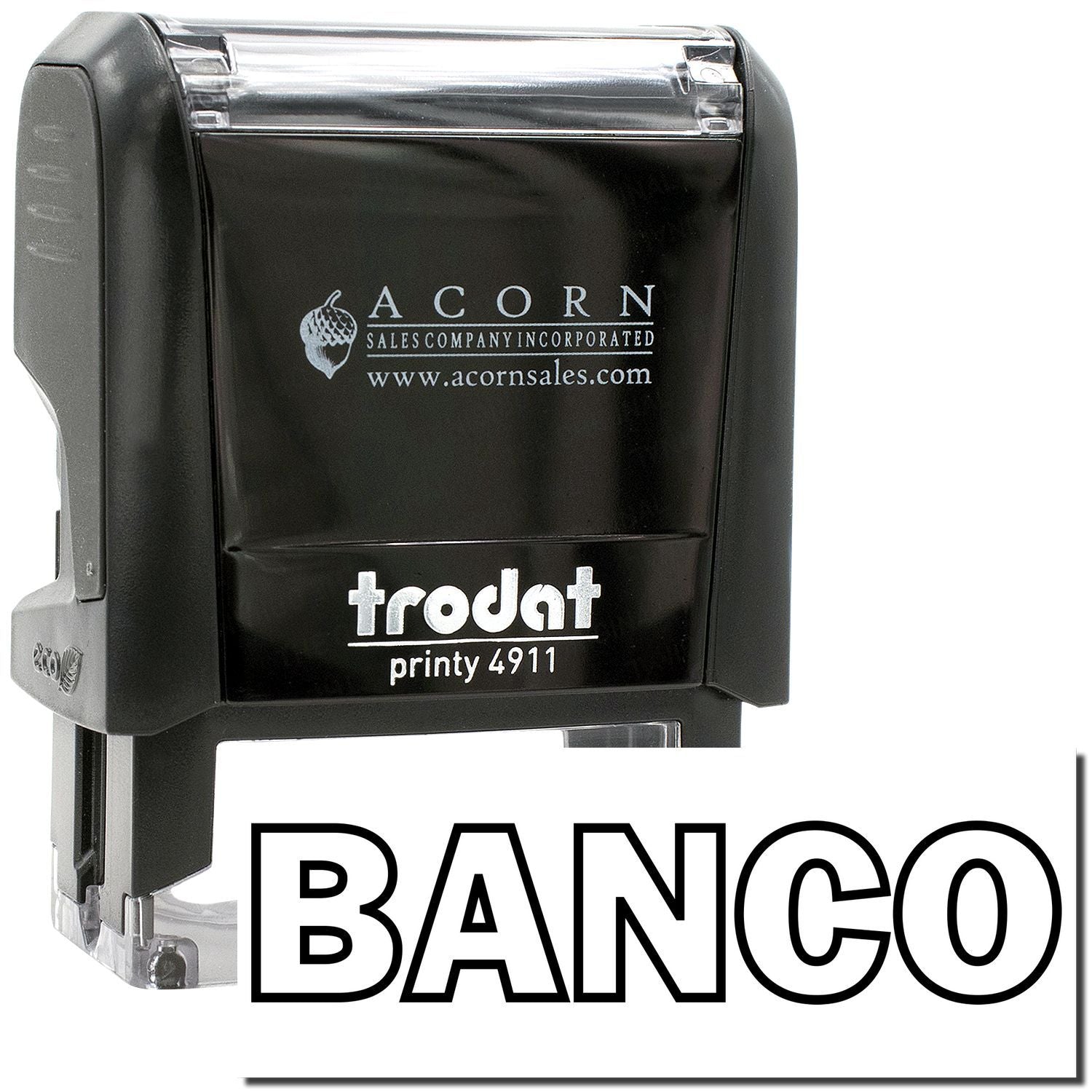 Black Trodat Printy 4911 self-inking stamp with Banco logo and Acorn Sales branding.