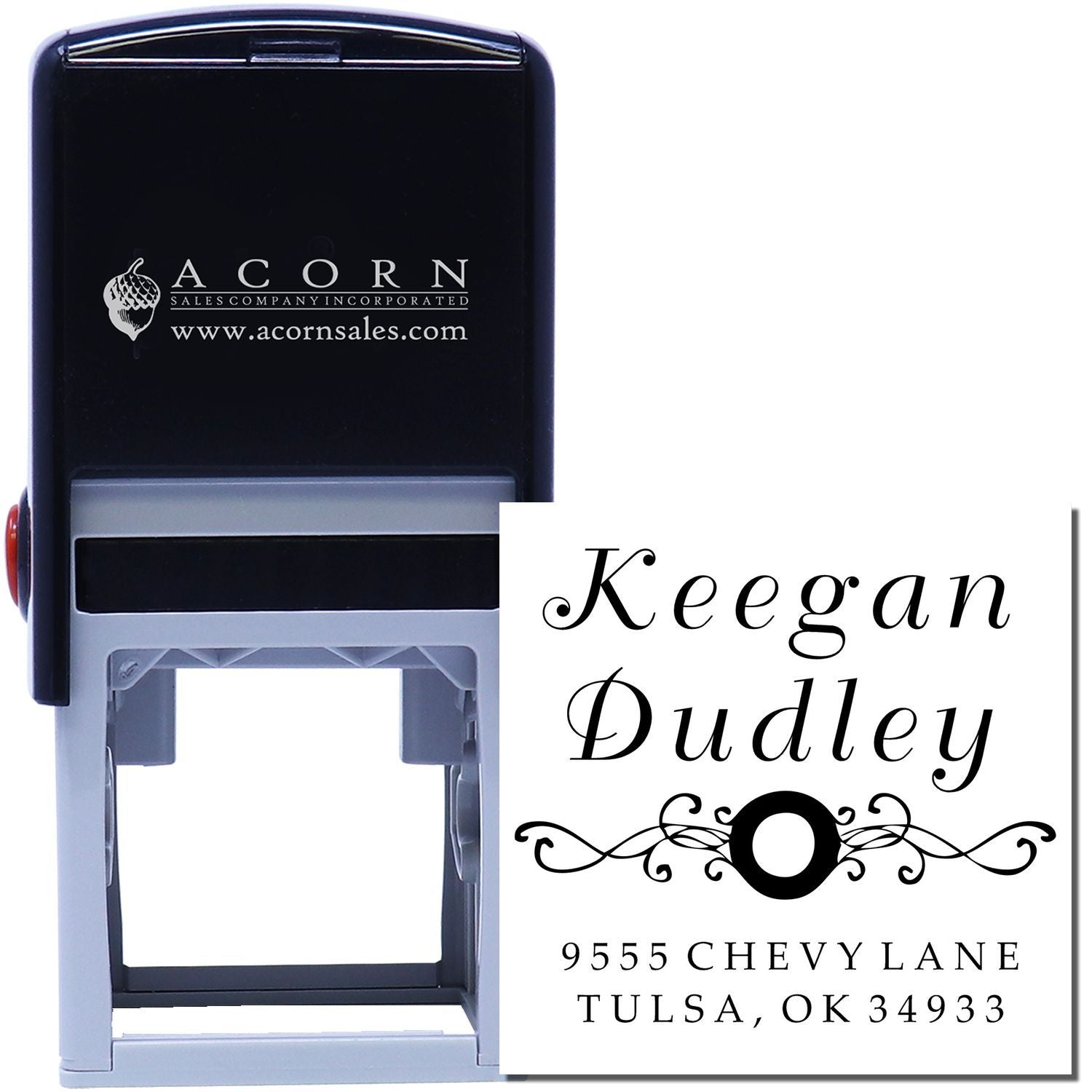 Personalized self-inking rubber address stamp with elegant script name and custom return address for business or mailing use.