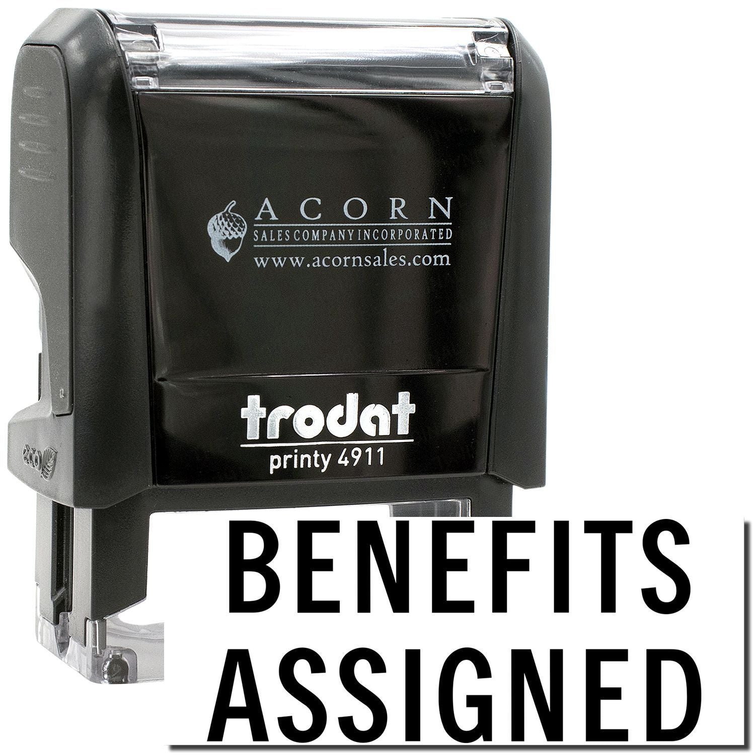 Black Trodat Printy 4911 self-inking stamp with Benefits Assigned text, ideal office rubber stamp for HR and document marking.
