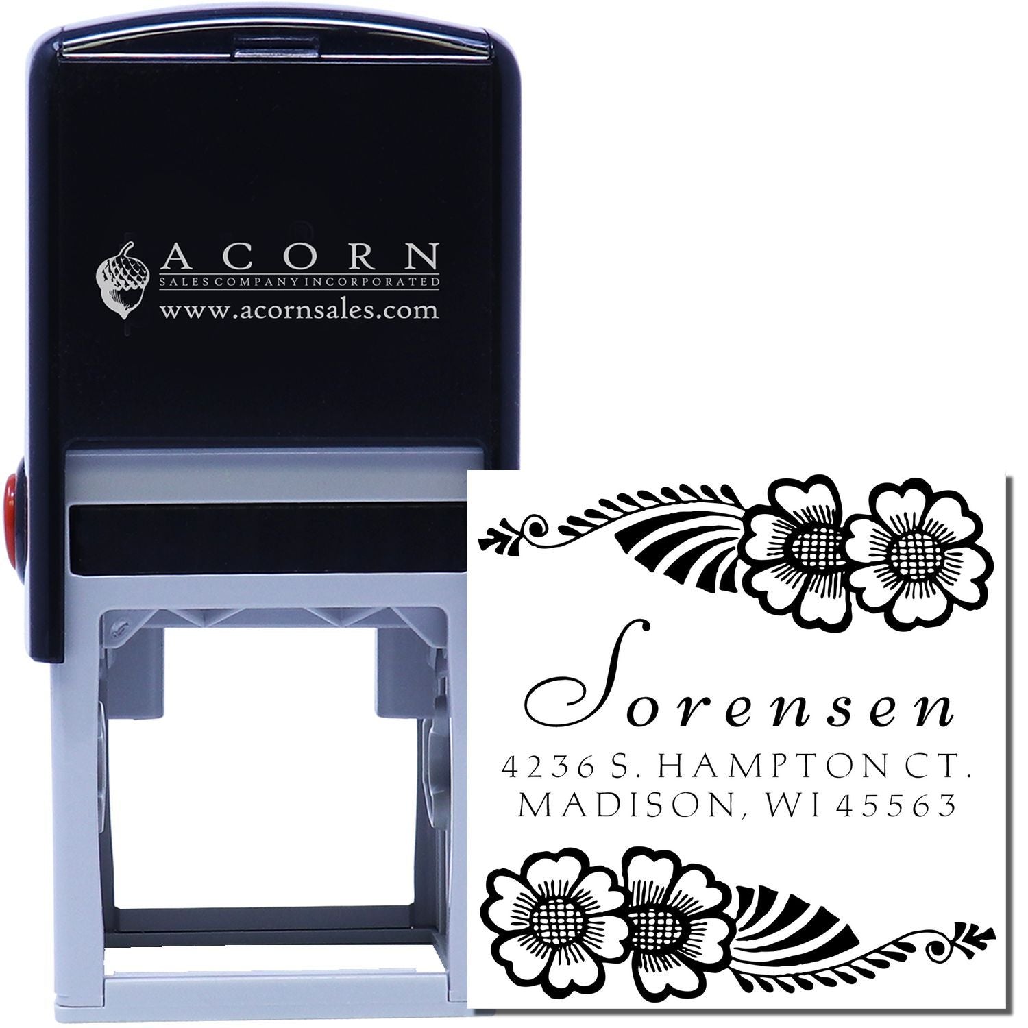 Custom self-inking rubber address stamp with floral monogram design for personalized mailing and wedding invitations