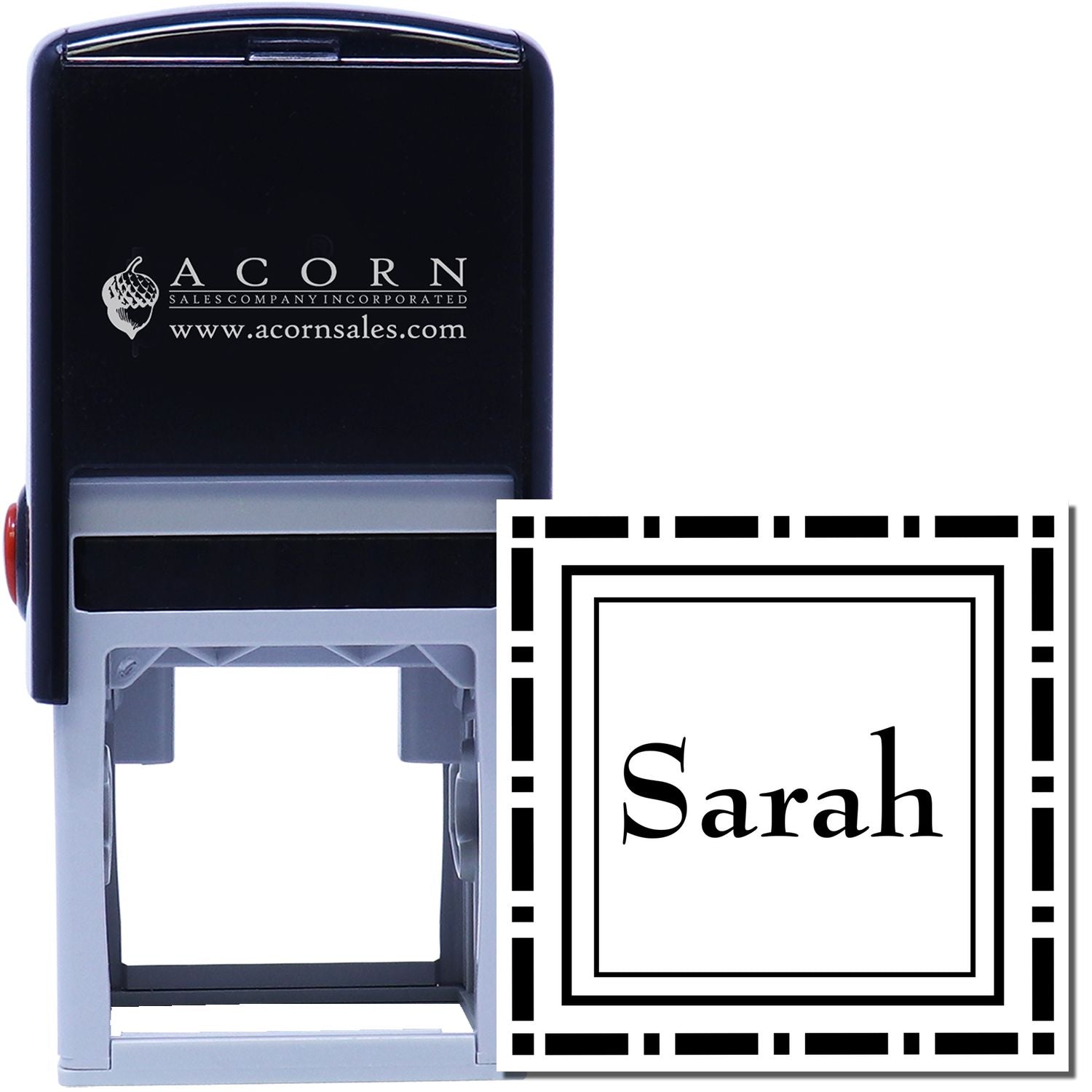 Custom self-inking rubber stamp with name Sarah and decorative square border for personalized business use.