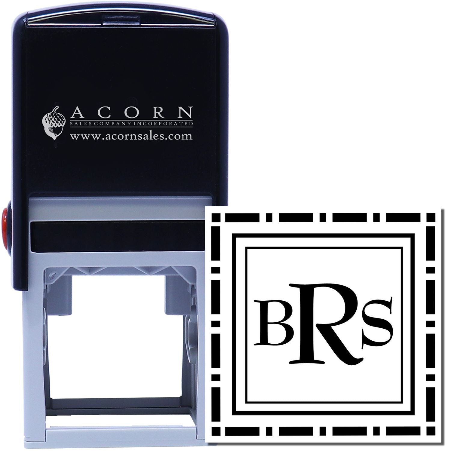 Custom self-inking rubber stamp with BRS monogram for personalized business branding and document marking.