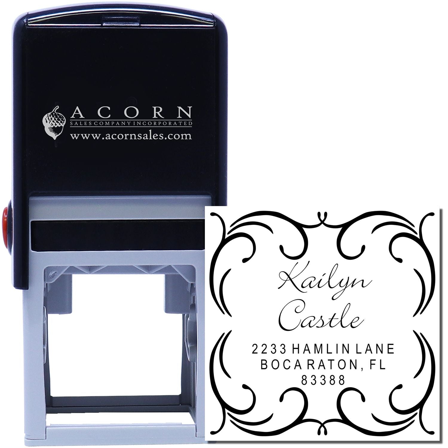 Custom self-inking rubber address stamp with decorative border, featuring Kailyn Castle return address in Boca Raton, FL.