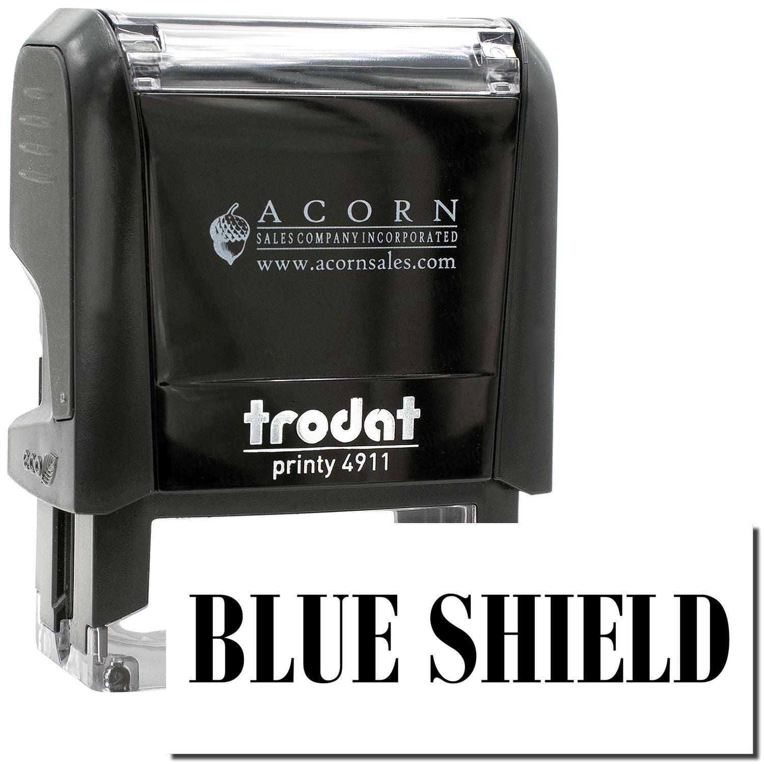 Black Trodat Printy 4911 self-inking stamp with Blue Shield and Acorn Sales Company logo print.