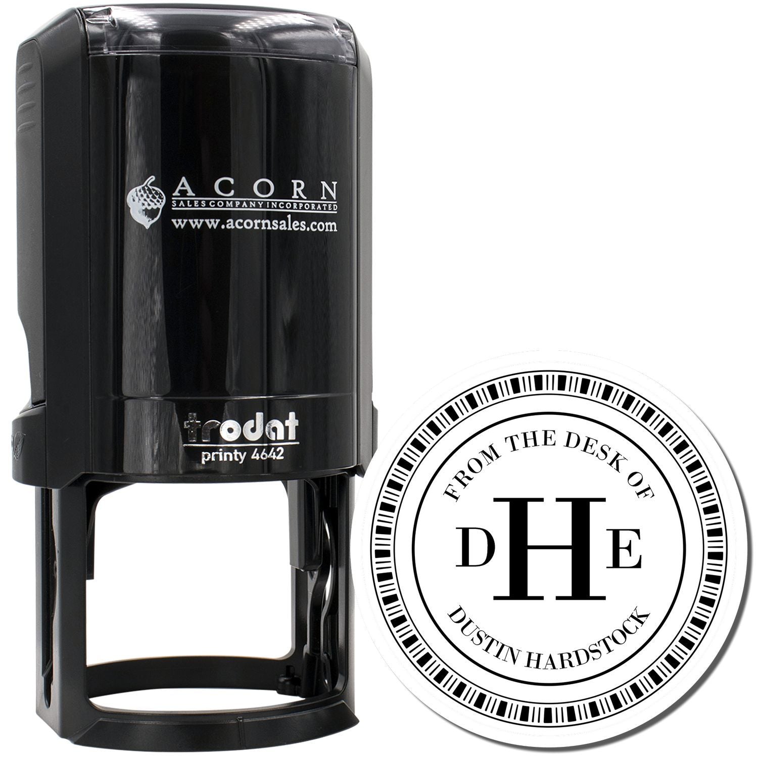 Custom self-inking rubber stamp with round monogram seal design for business branding, office documents, and personalized marking.