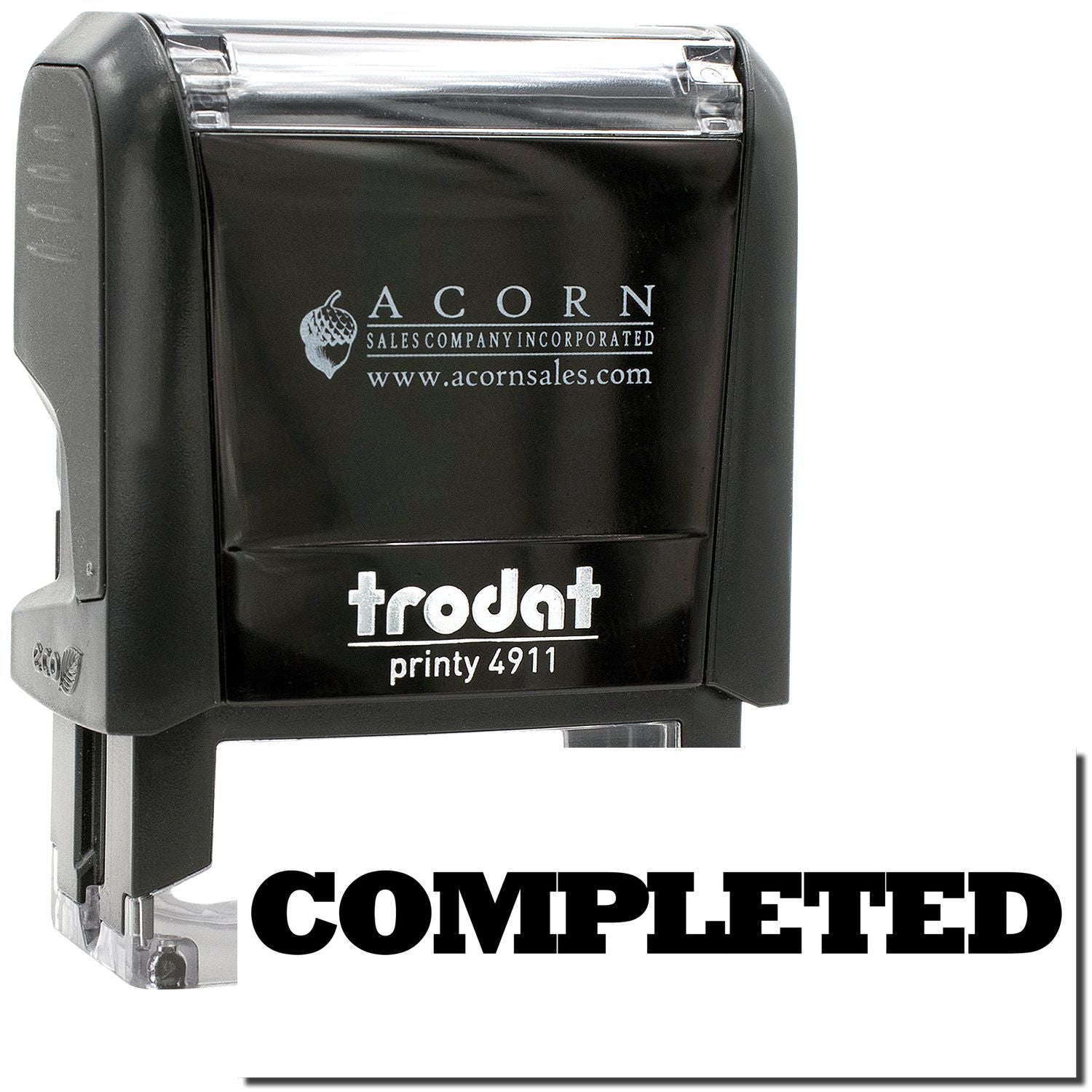 Black Acorn Trodat Printy 4911 self-inking stamp with COMPLETED imprint, office date stamp tool