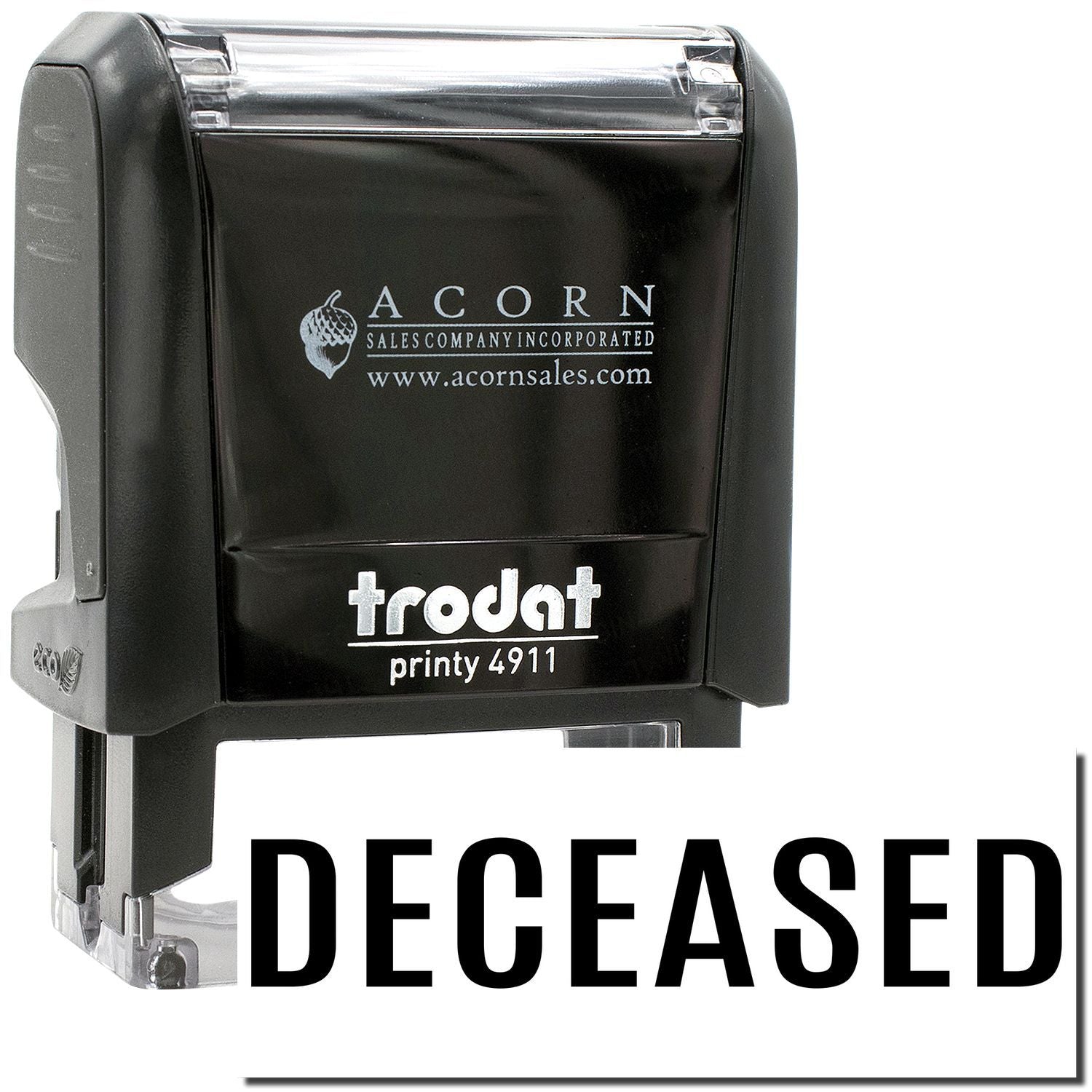 Black Trodat Printy 4911 self-inking deceased stamp with Acorn Sales Company logo