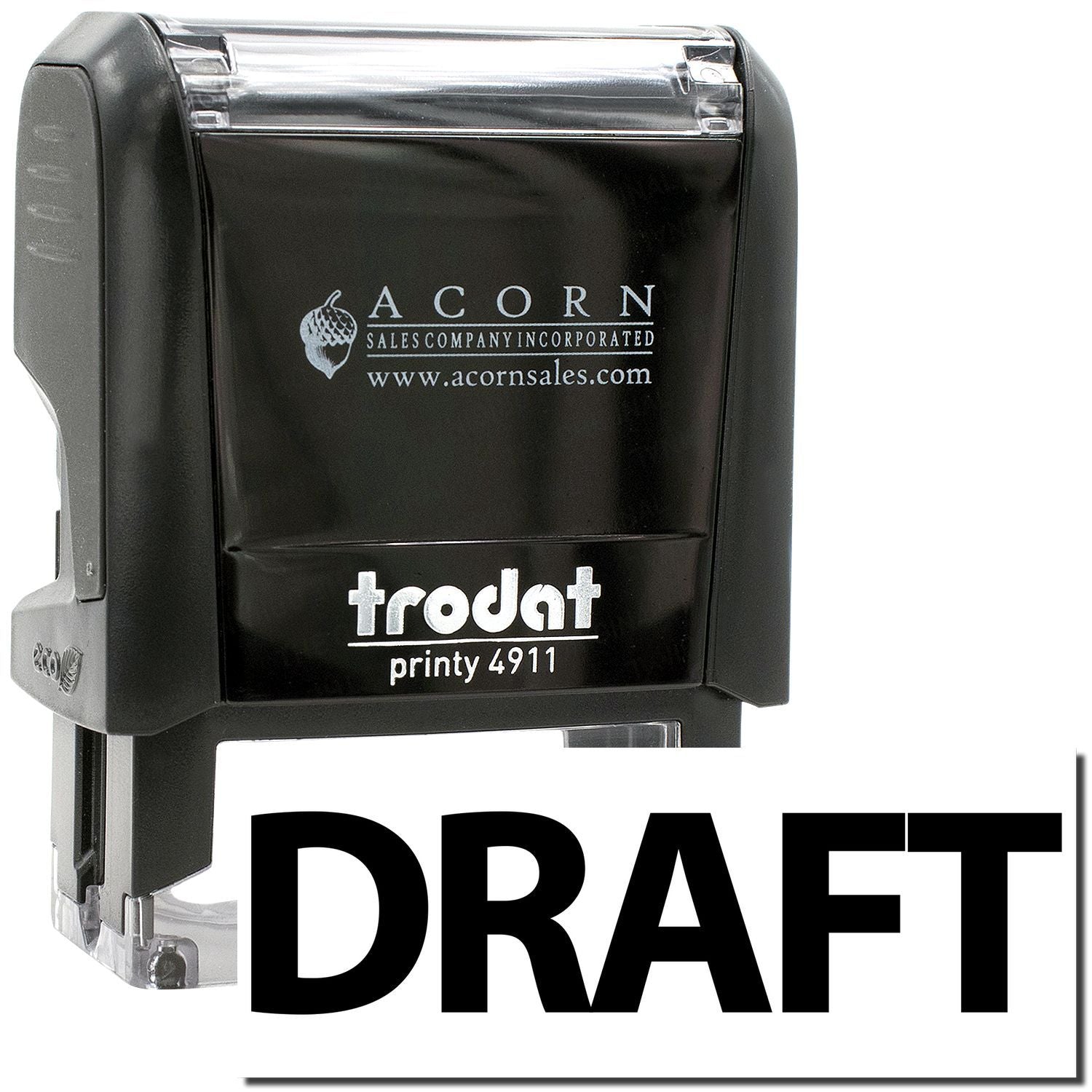 Trodat Printy 4911 self-inking stamp with DRAFT imprint and Acorn Sales branding.