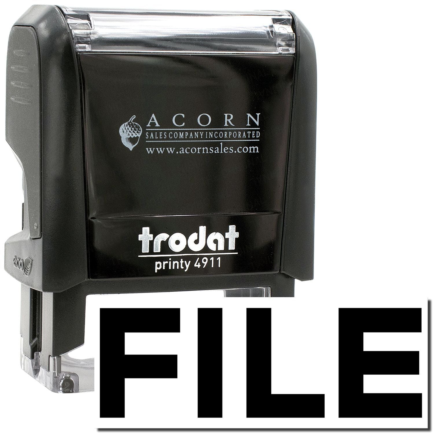 Black Trodat Printy 4911 self-inking file stamp by Acorn Sales Company with FILE label