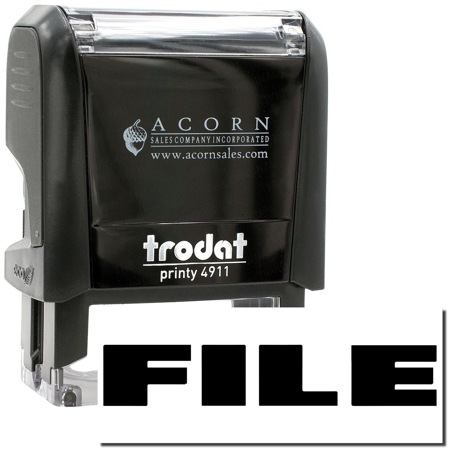 Trodat Printy 4911 self-inking stamp with Acorn Sales Company logo on black and clear plastic case