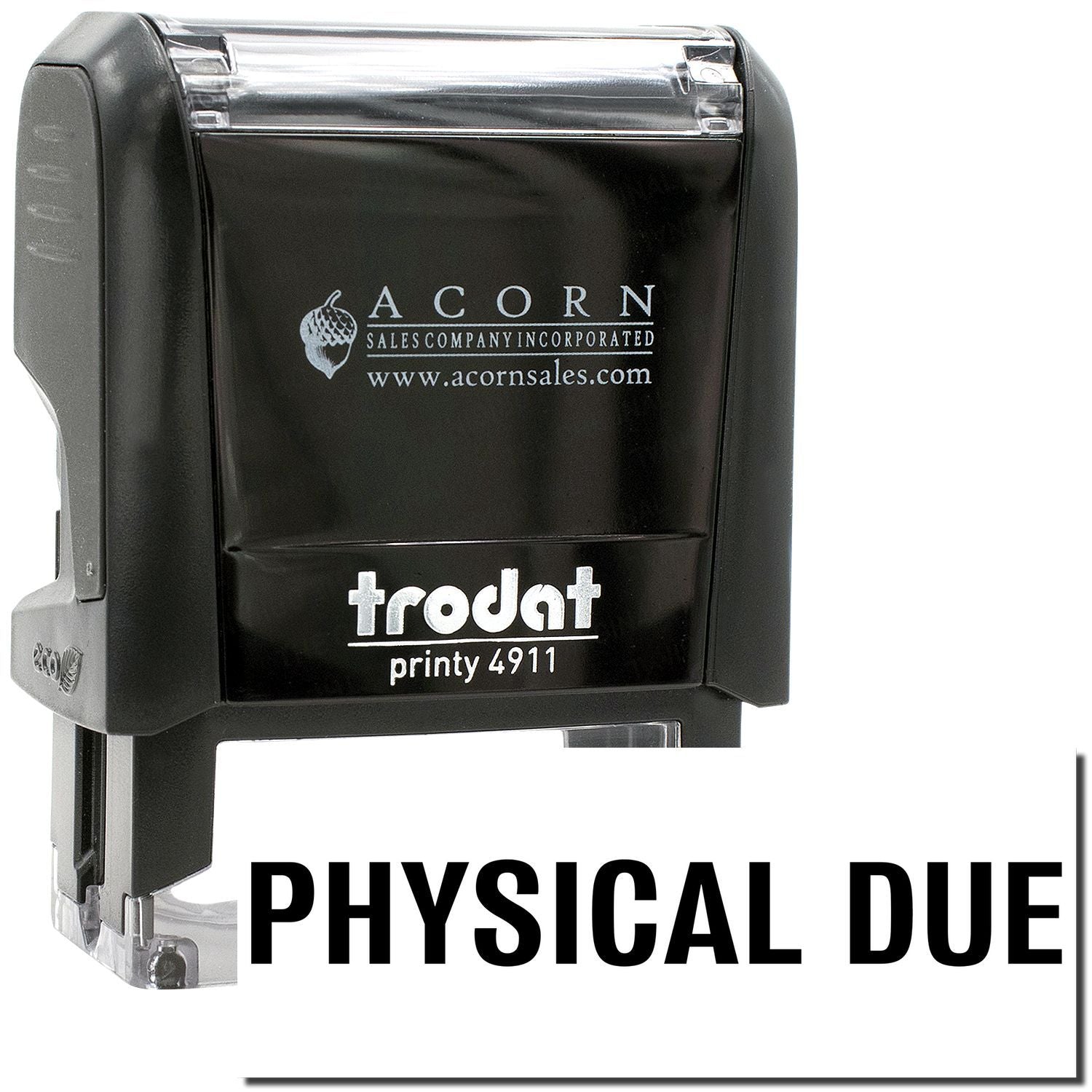 Trodat Printy 4911 physical due stamp with Acorn Sales branding, black self-inking rubber stamp on white background