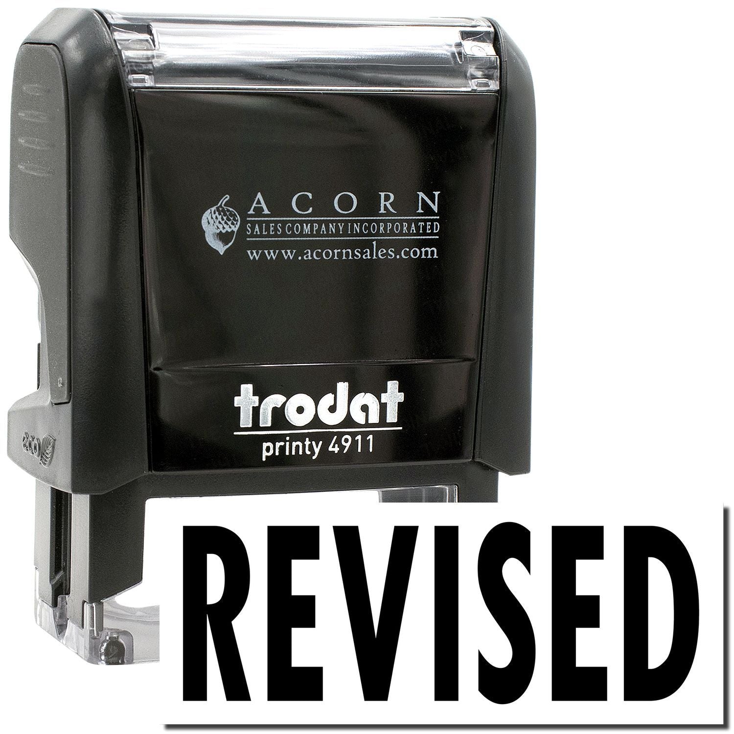Trodat Printy 4911 self-inking revised stamp with black ink and clear housing, Acorn Sales product image