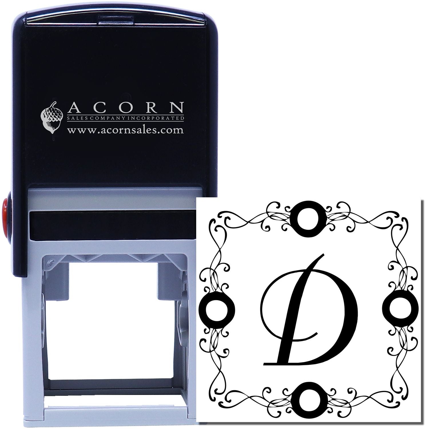 Custom self-inking rubber stamp with ornate monogram letter D and decorative floral border for business or personal use.