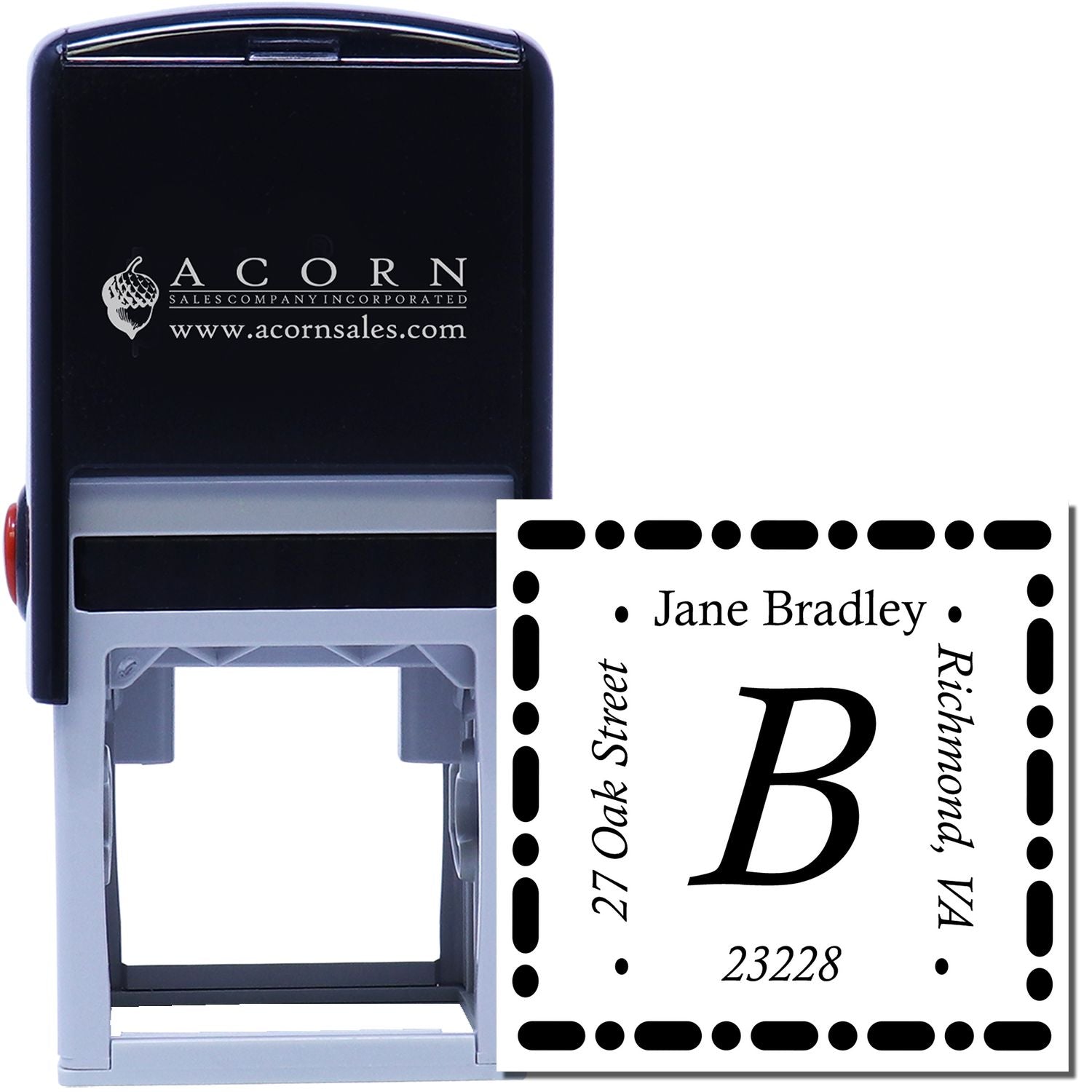 Custom self-inking rubber address stamp with monogram B and Jane Bradley return address, Richmond VA 23228.