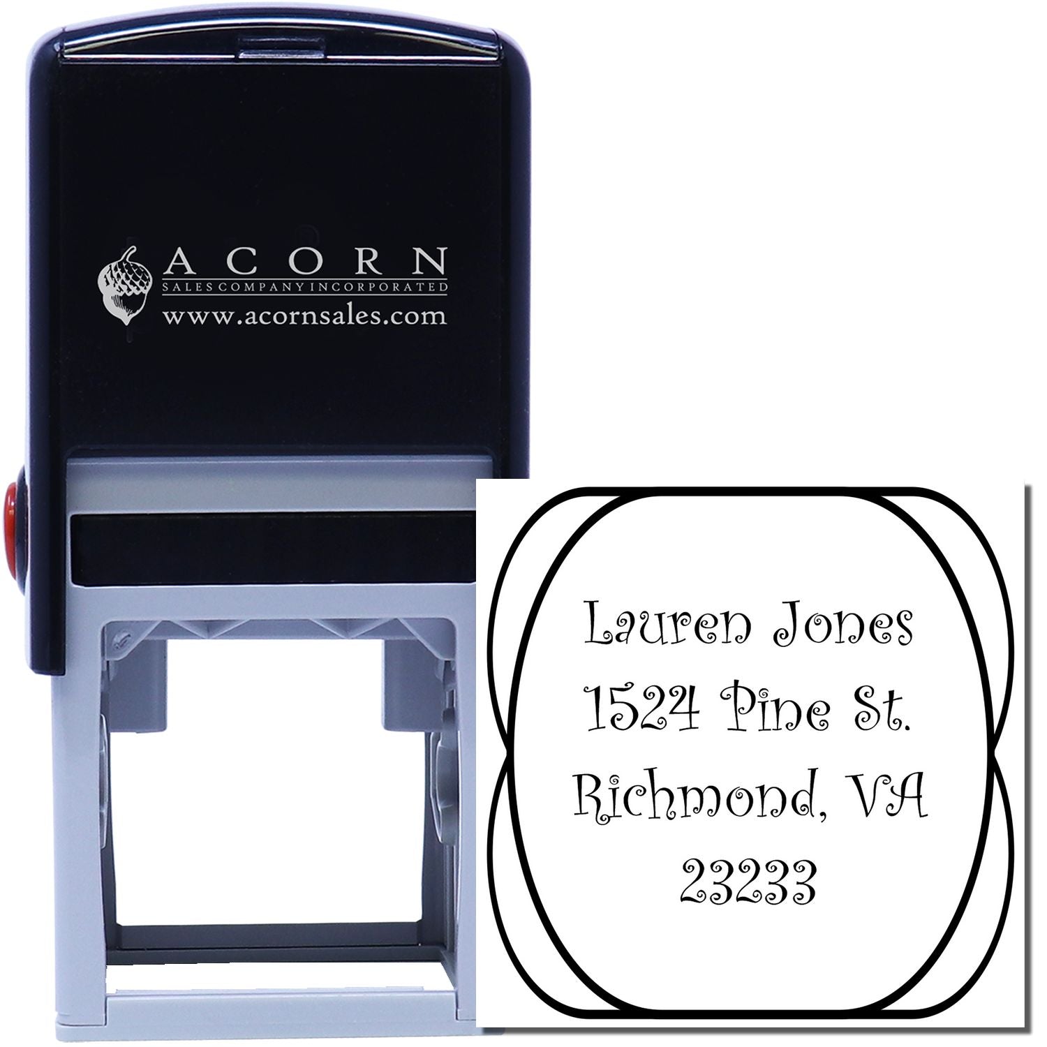 Custom self-inking rubber address stamp with personalized name, street, city, state, and ZIP imprint for mailing.