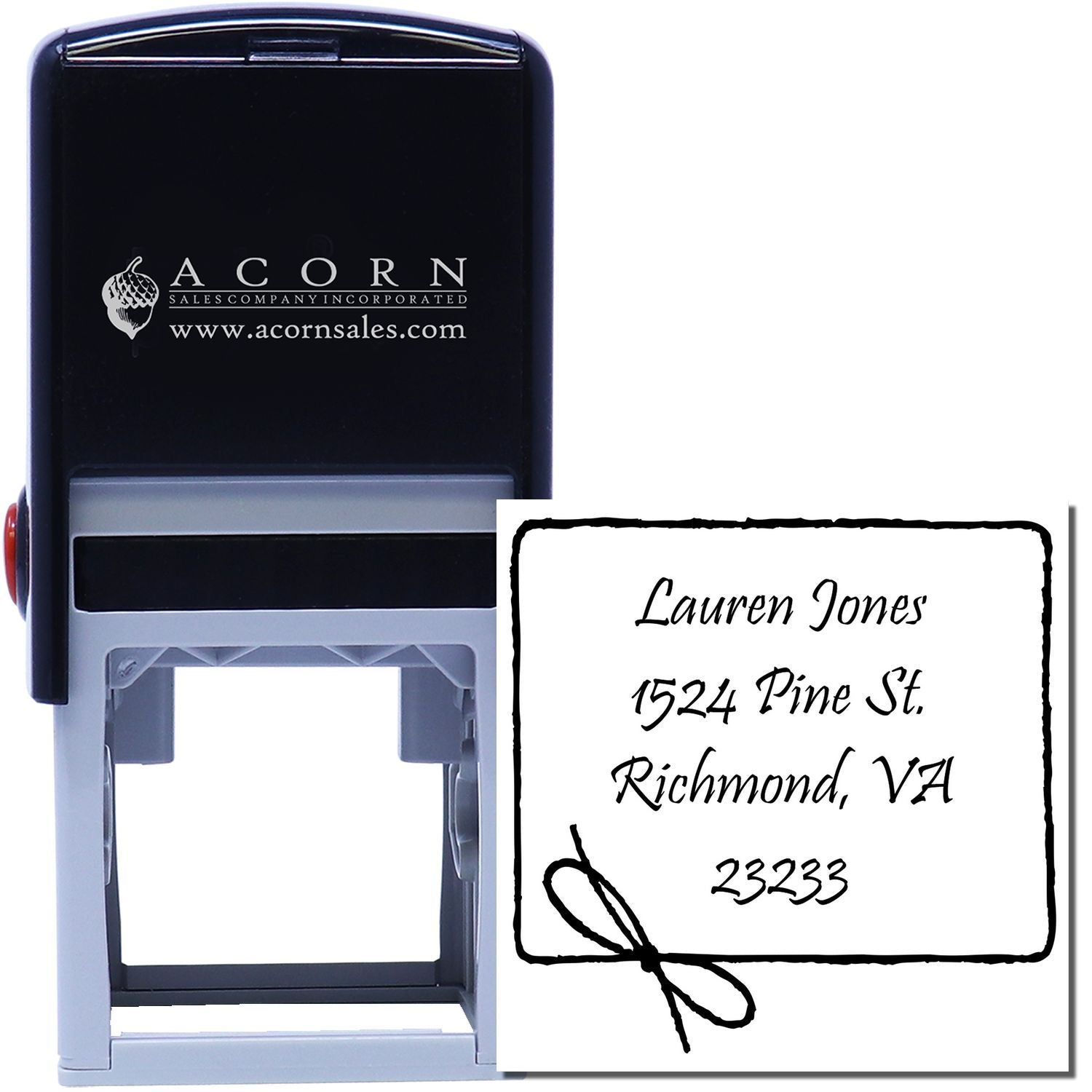 Custom self-inking rubber address stamp with personalized name and mailing address imprint for quick business mail and envelopes