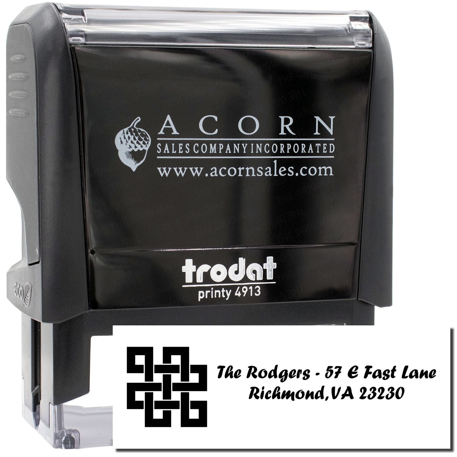 Custom self-inking rubber address stamp with logo and return address, Trodat Printy 4913.