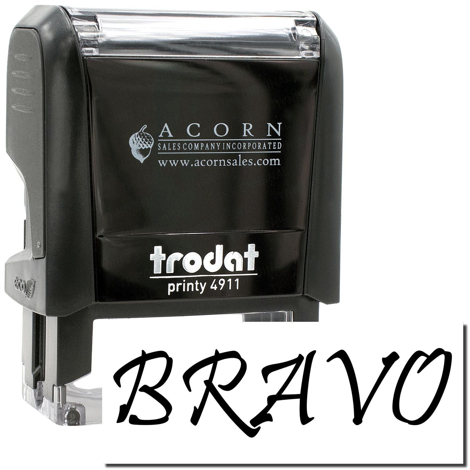 Trodat Printy 4911 self-inking stamp with BRAVO custom imprint, black office rubber stamp.