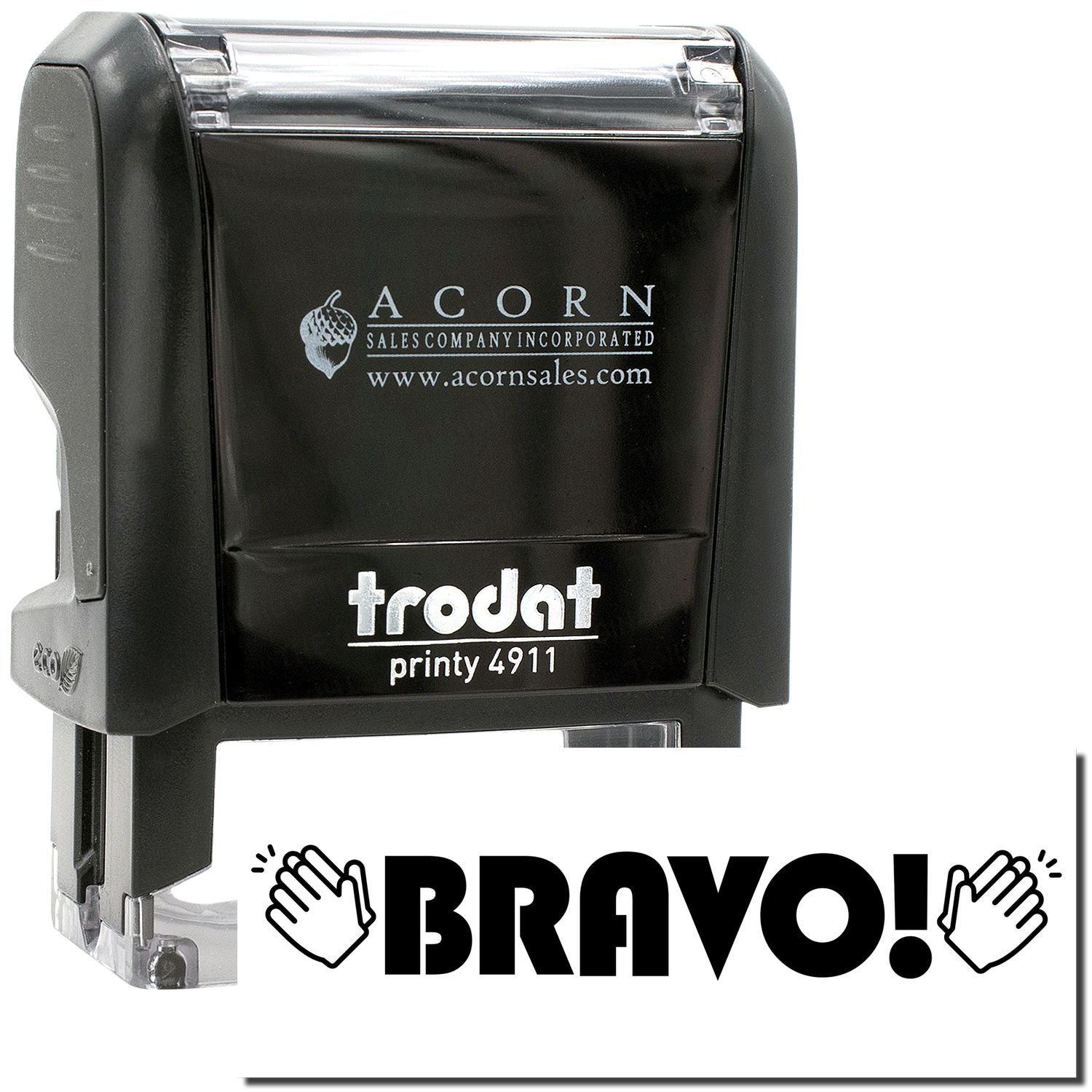 Black Trodat Printy 4911 self-inking stamp with Acorn Sales logo and BRAVO graphic on white background