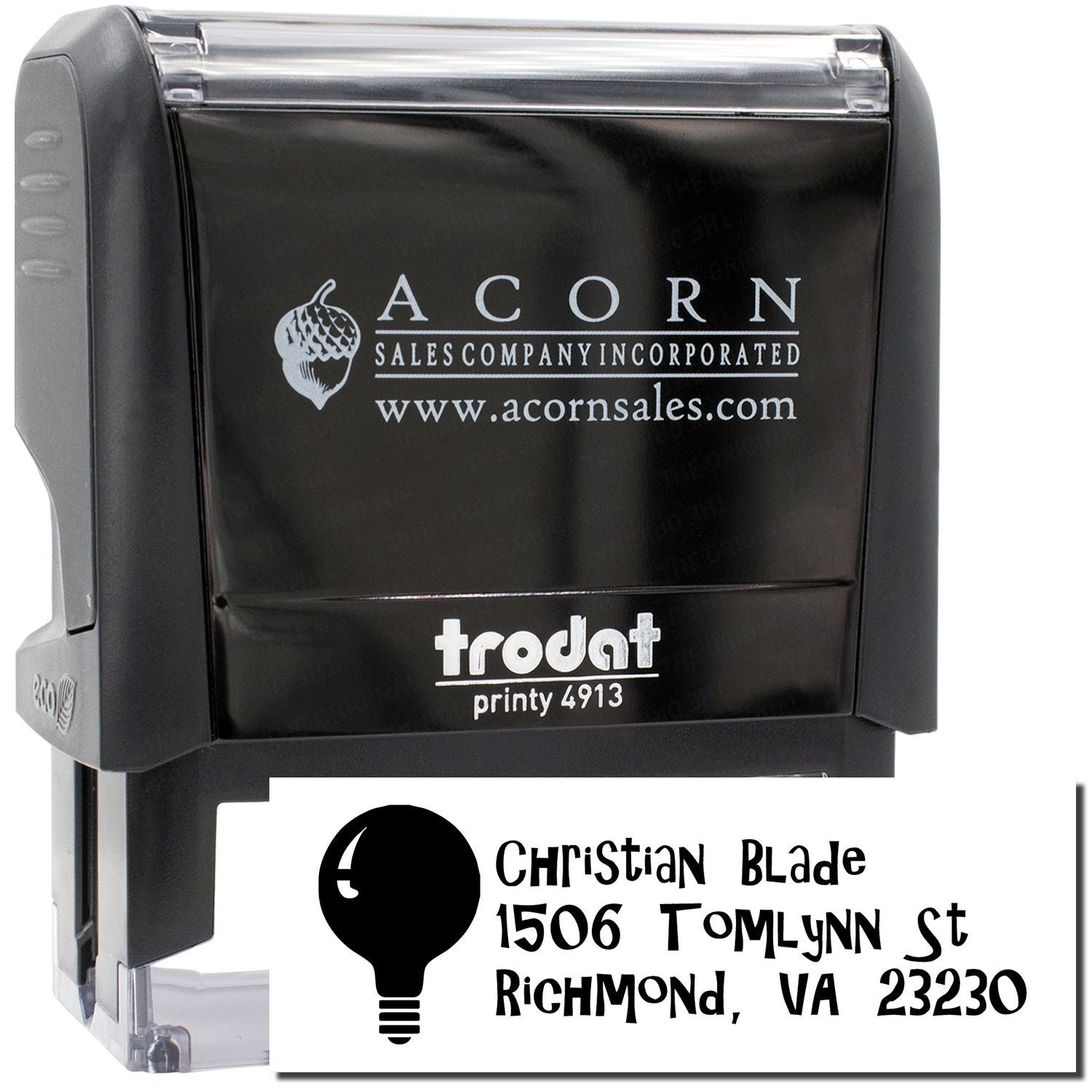 Custom self-inking rubber address stamp with Christian Blade name and Richmond, VA address, Trodat Printy 4913 style.