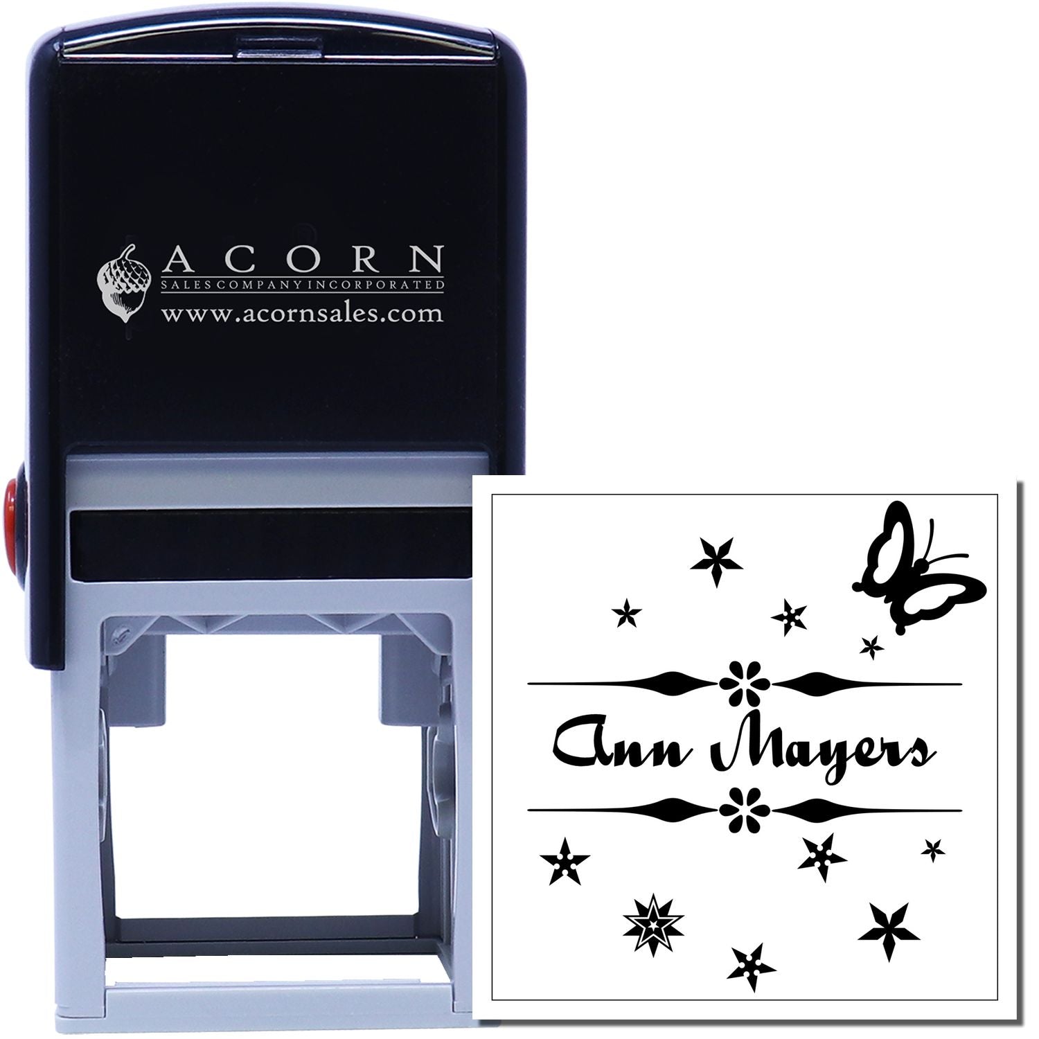 Custom self-inking rubber stamp for Ann Mayers with butterfly and star design, ideal for personalized business use