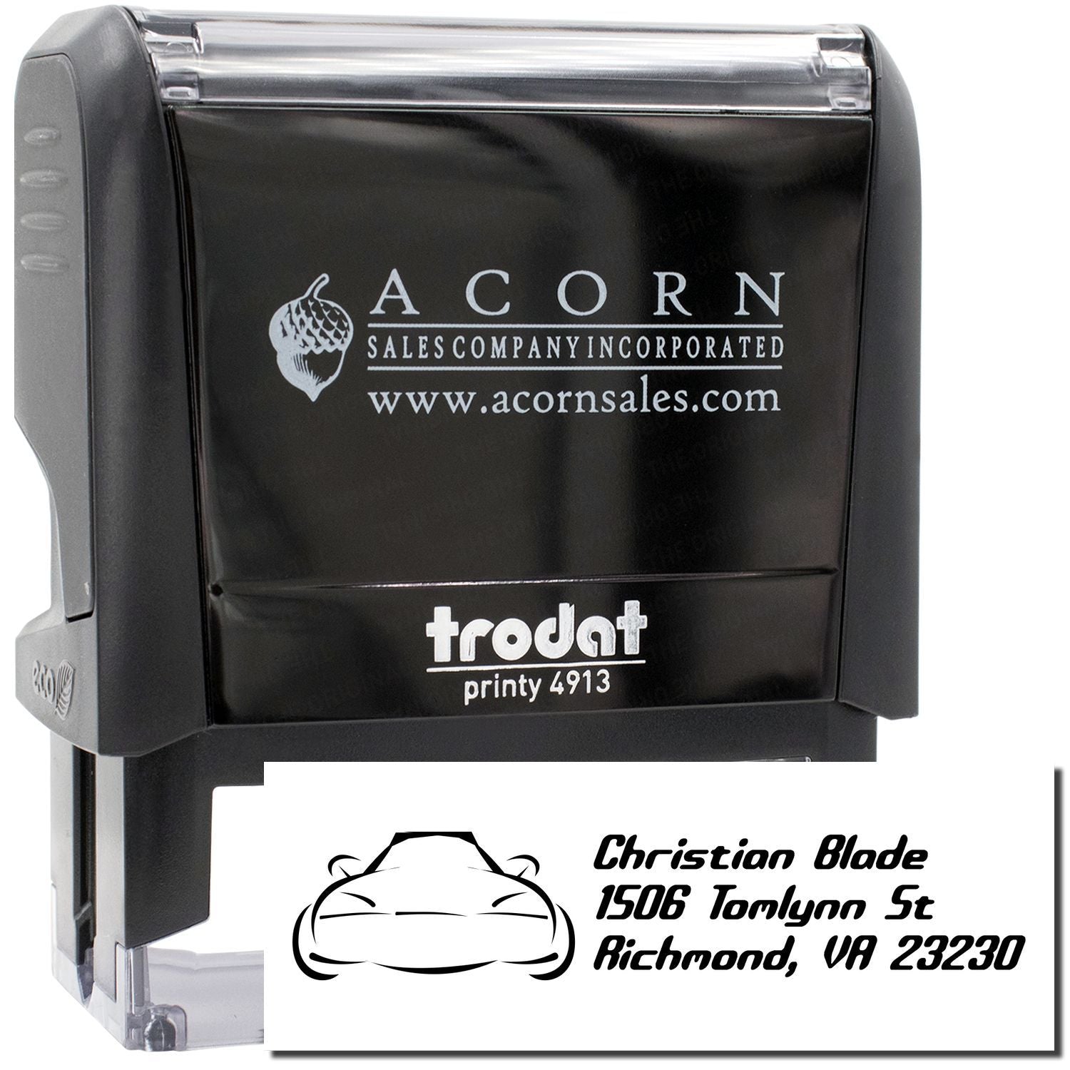 Custom self-inking rubber stamp with business logo and address imprint, Trodat Printy 4913, ideal for mailing and branding.