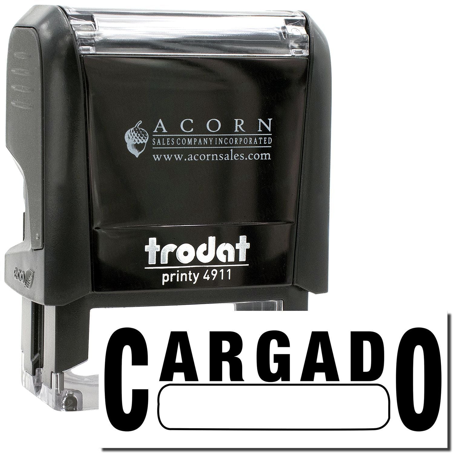 Black Trodat Printy 4911 self-inking stamp with CARGADO imprint and ACORN Sales branding