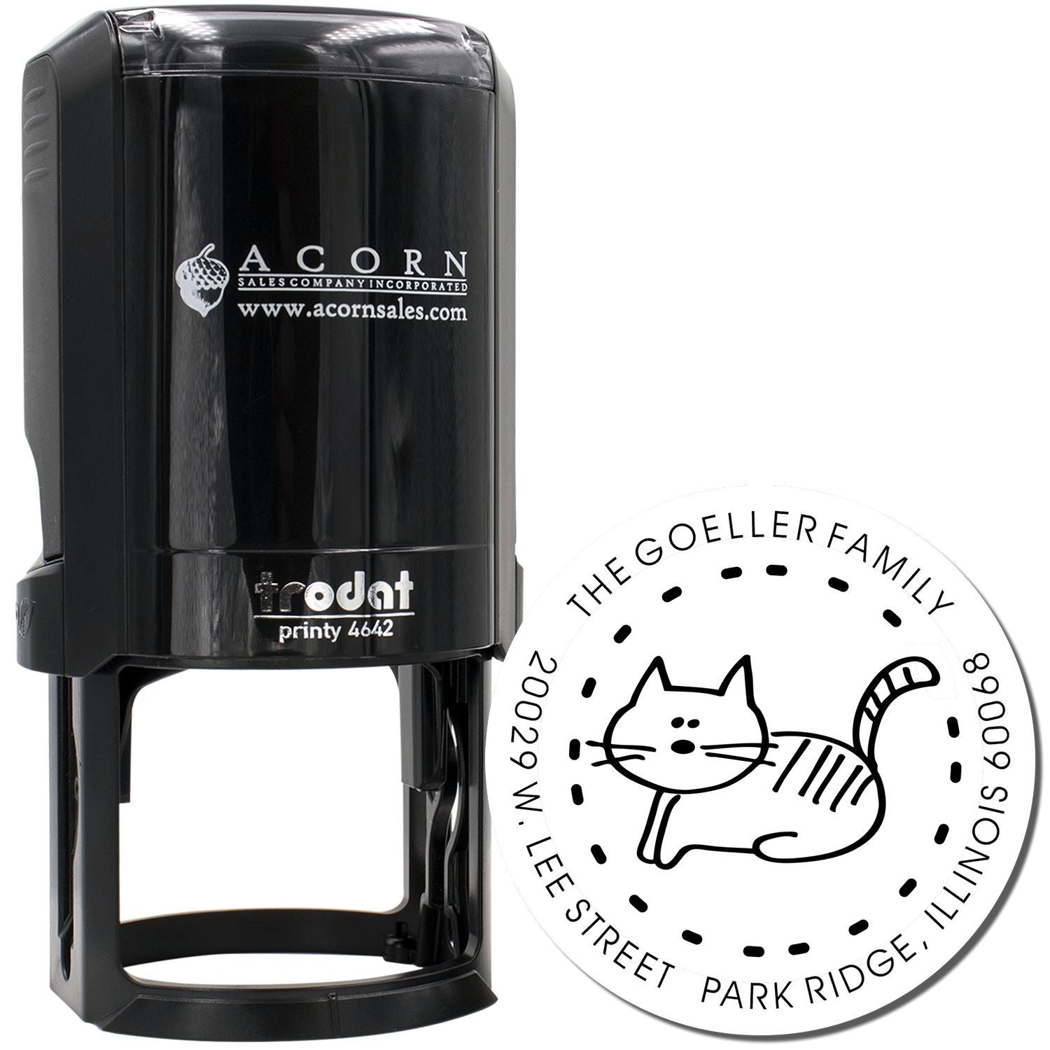 Custom rubber stamp with cat return address design, ideal for personalized mailing, crafts, and small business branding.