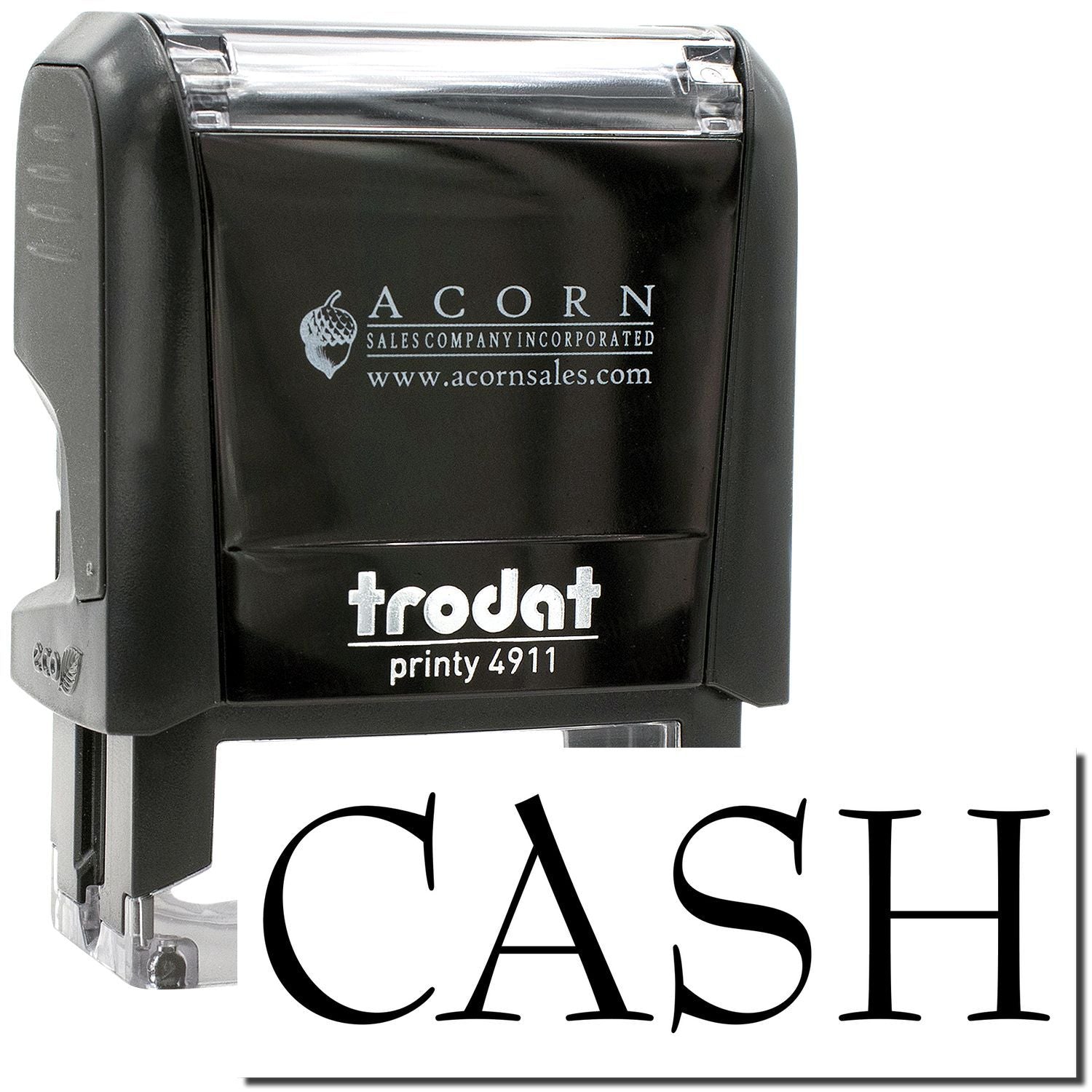 Black Trodat 4911 self-inking cash stamp with Acorn Sales branding on a white background