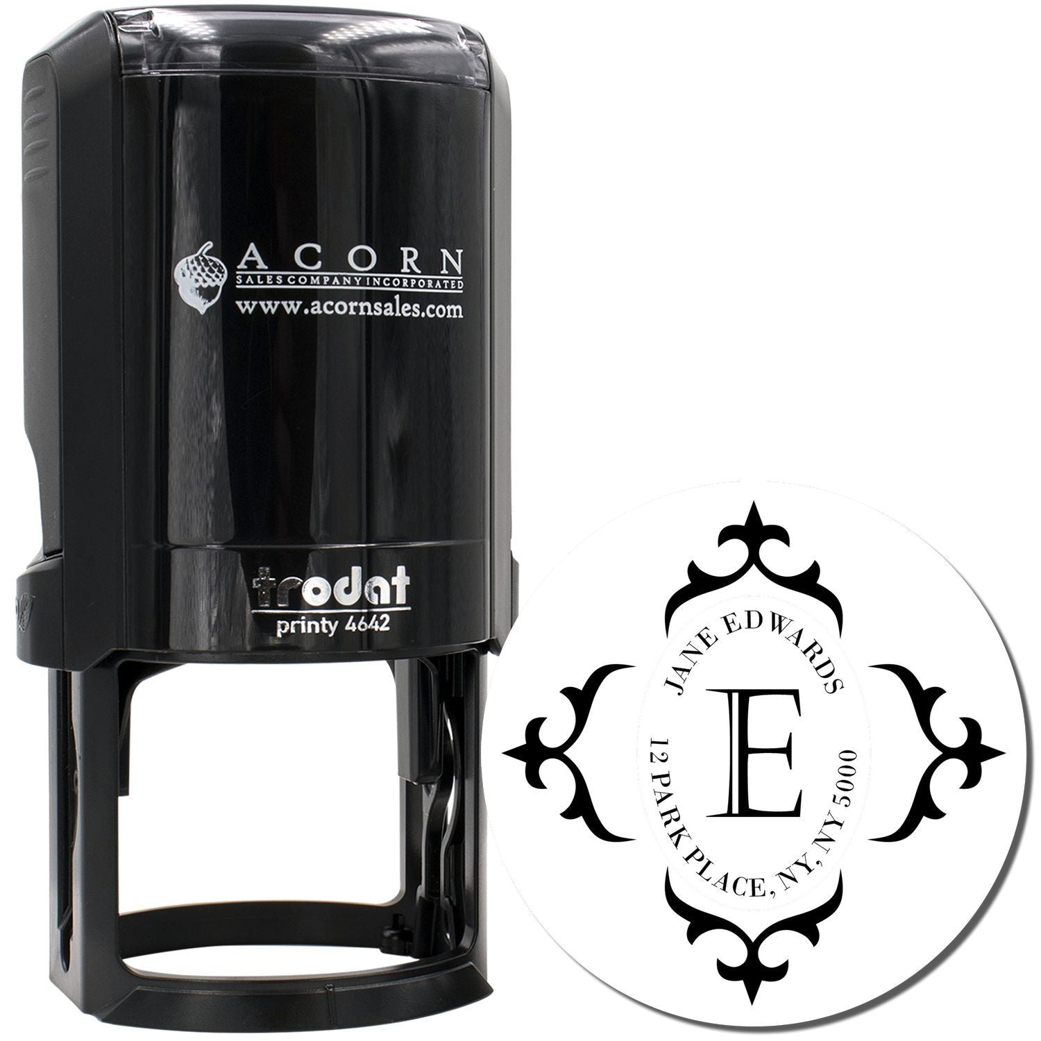 Self-inking custom rubber stamp with monogram address design for personalized wedding or business stationery.